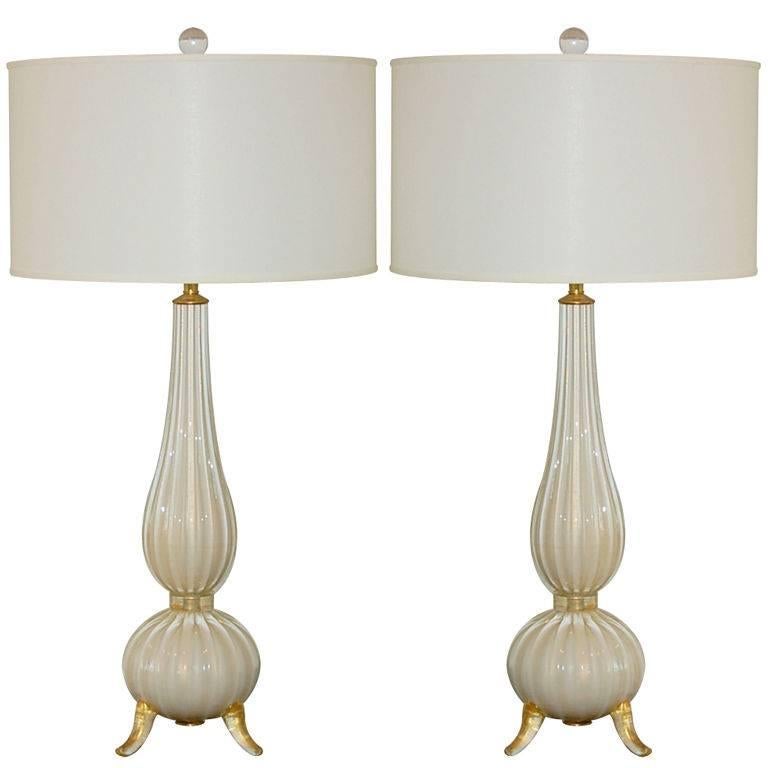 White Murano Three-Footed Lamps with Gold Dust For Sale