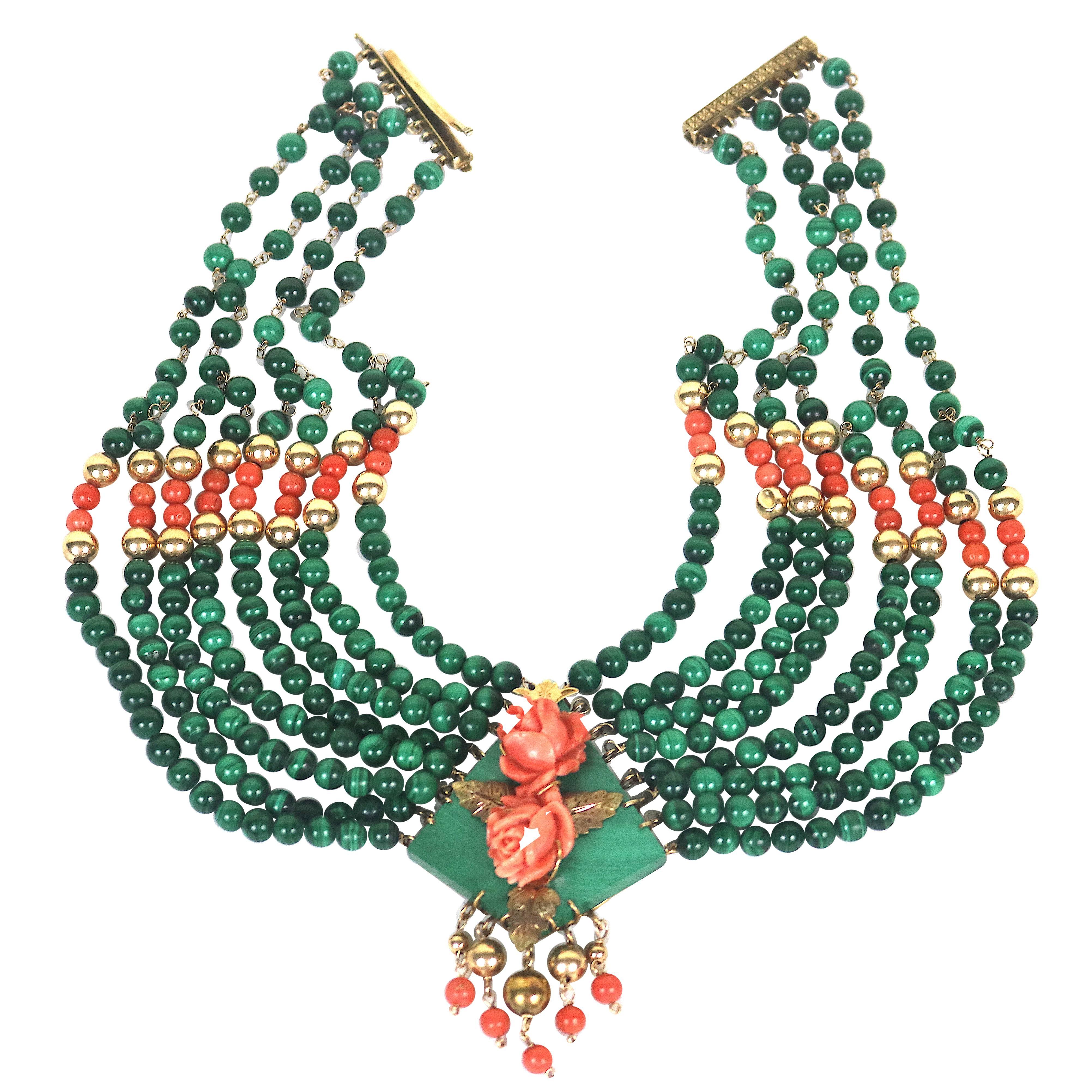 Stunning Eight Strand Malachite, Carved Coral, 14-Karat Gold Collar Necklace For Sale