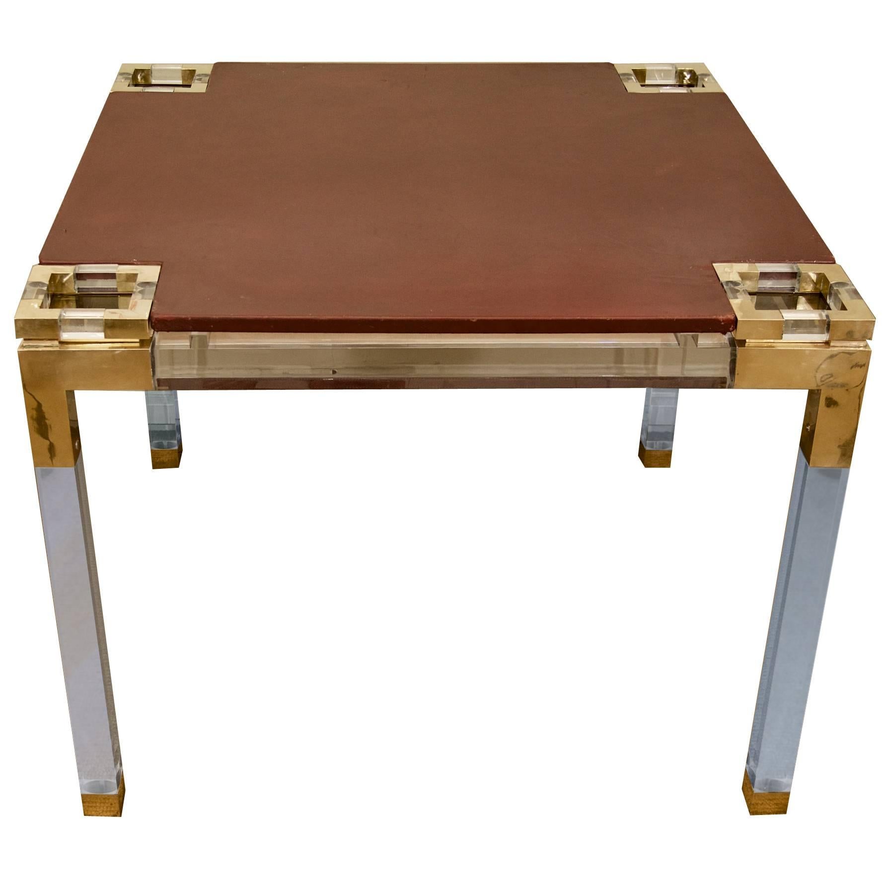 Lucite and Brass Leather Topped Game Table