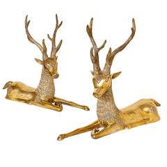 Pair of Seated 1970s Brass Deer with Fanciful Decoration by Sarreid Ltd. 2