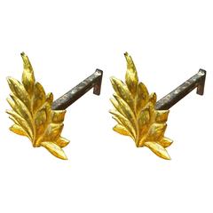 Spectacular Pair of Wrought Iron Andirons with a Gold Leaf Flame like Front 3