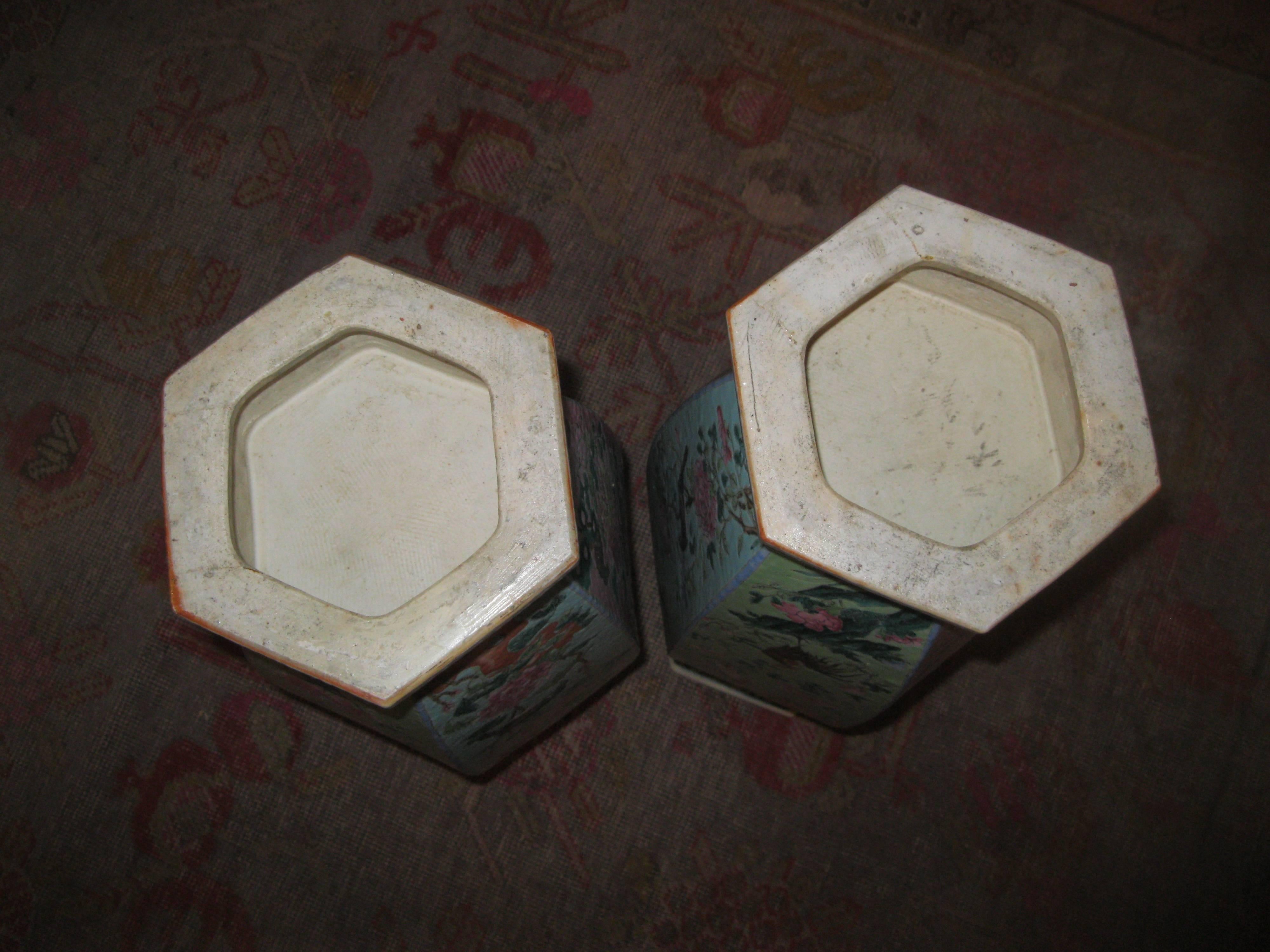 Pastel Colored Pair of Tall Hexagon Chinese Vases 2