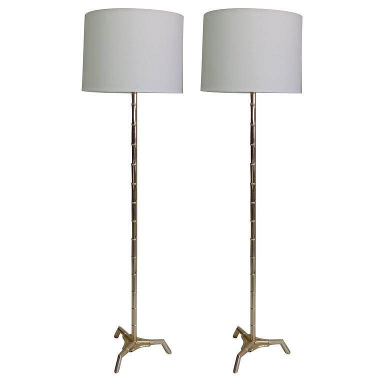Pair Large French Mid Century Brass Neoclassical Faux Bamboo Brass Floor