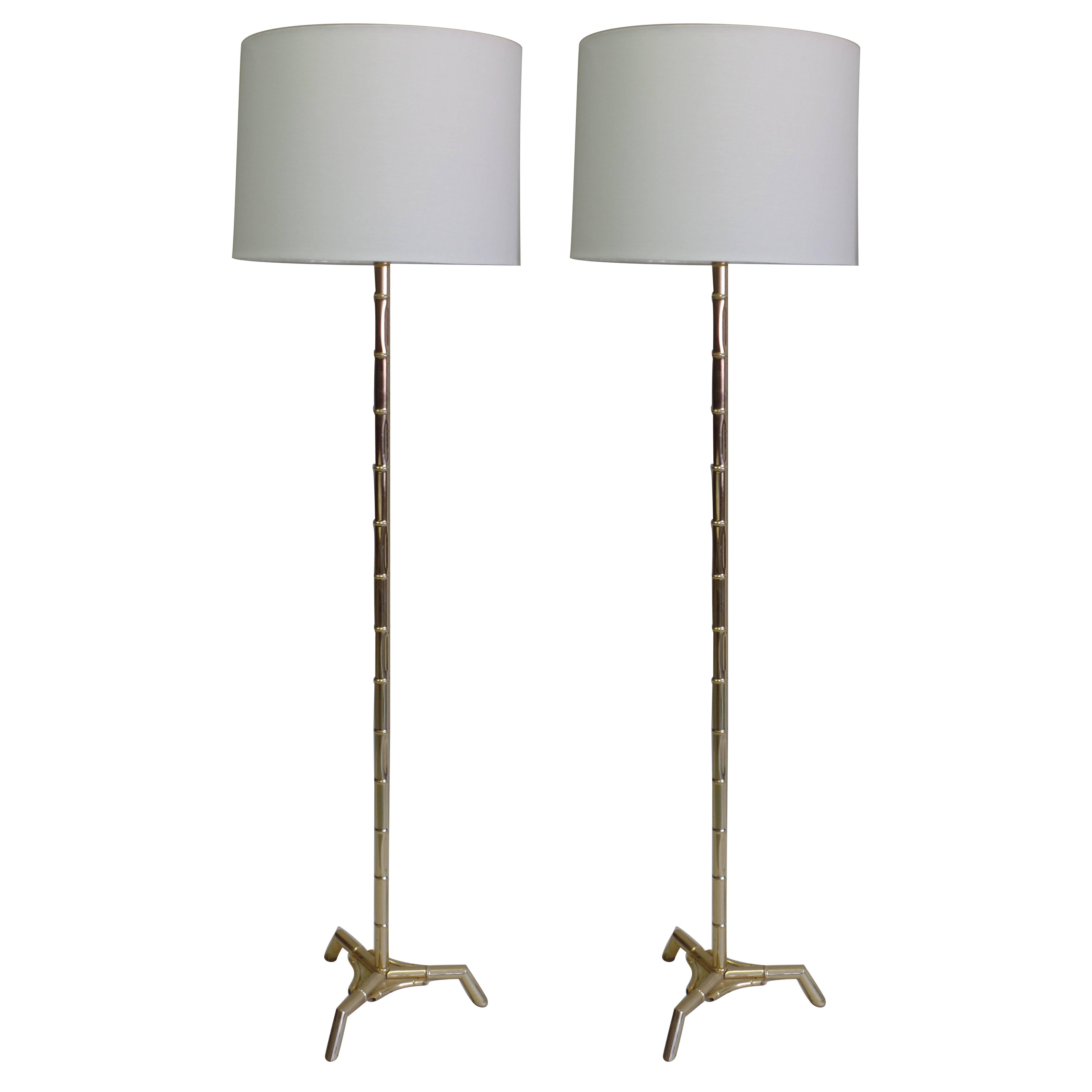 Pair Large French Mid-Century Brass Faux Bamboo Floor Lamps by Maison Bagues For Sale