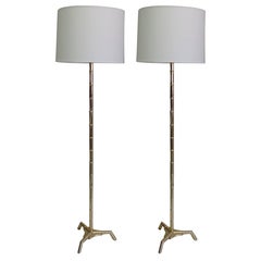 Vintage Pair Large French Mid-Century Brass Faux Bamboo Floor Lamps by Maison Bagues