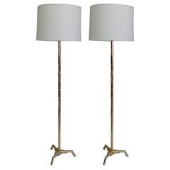 Pair Large French Mid-Century Brass Faux Bamboo Floor Lamps by Maison Bagues