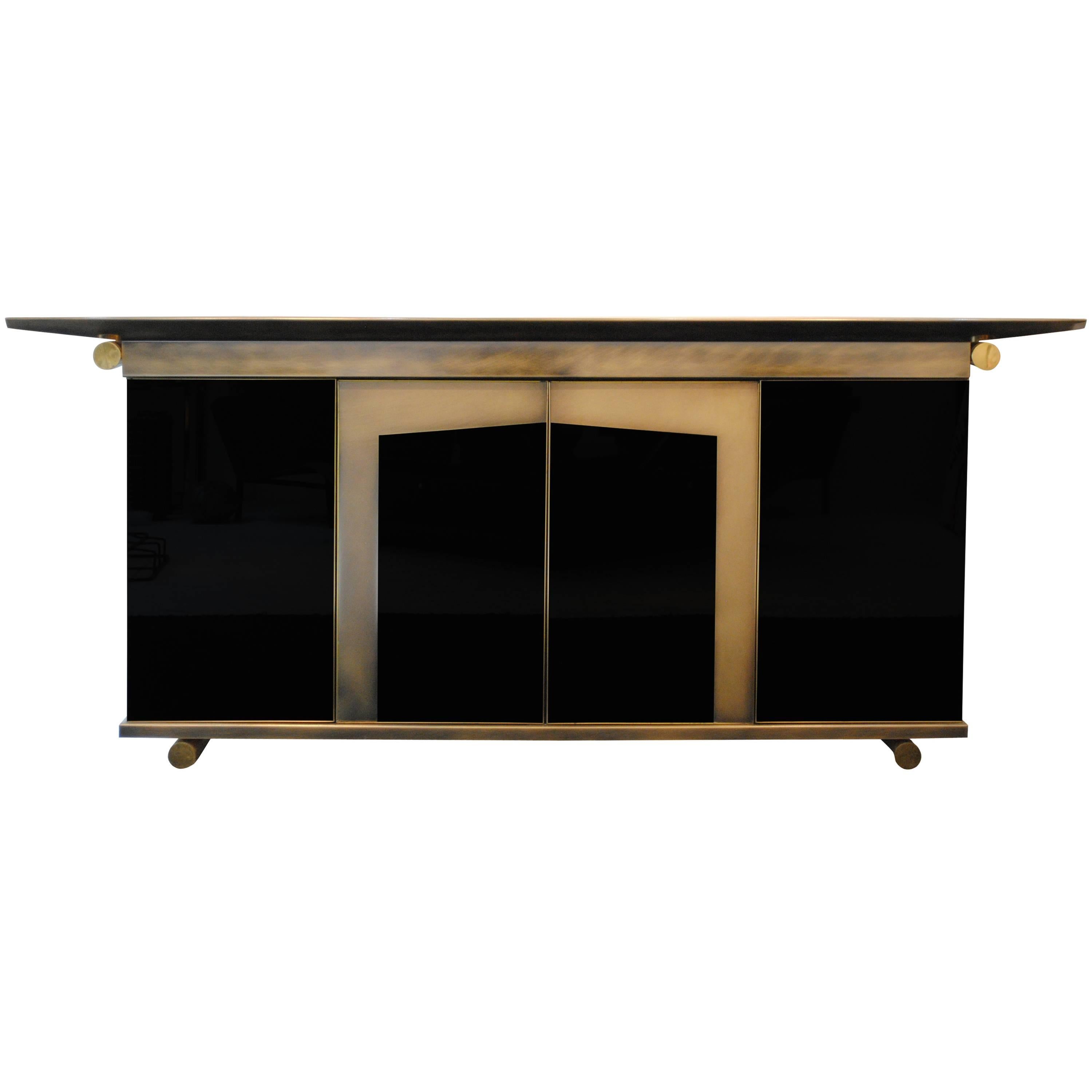 Important Steel, Brass and Glass Sideboard by Belgo Chrome, Belgium, 1970s