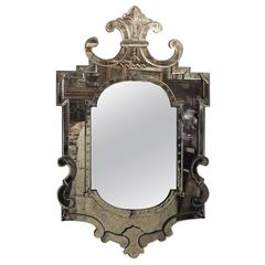 Wonderful Large Vintage Beveled Venetian Mirror Scalloped Crown Etched Appliques
