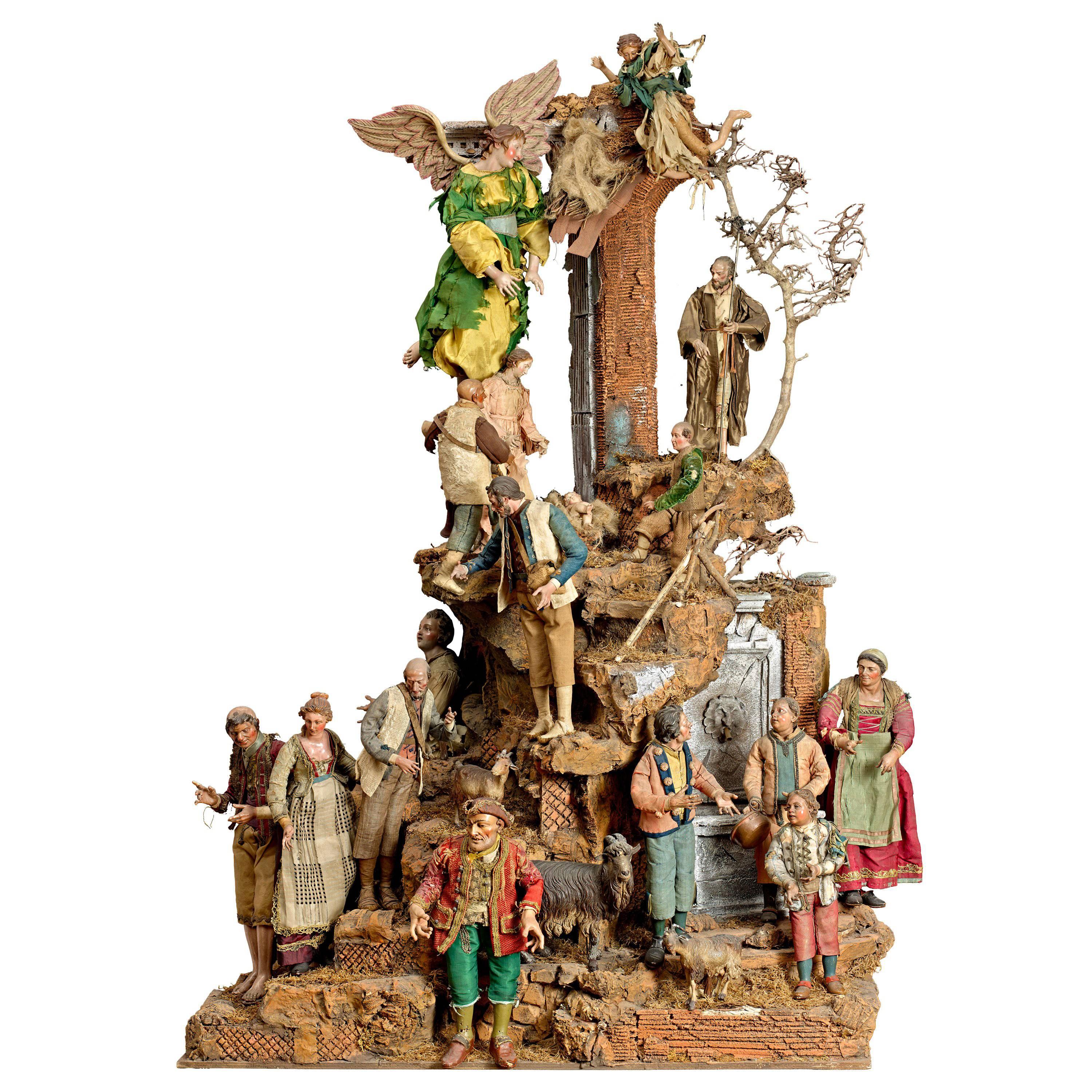 18th Century High Quality Neapolitan Crèche with 20 Figures and Structure For Sale