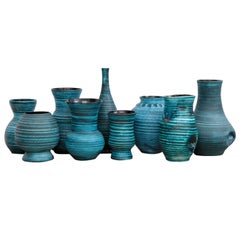 Set of nine Blue Banded Ceramic Vases 'Gaulois' by Accolay, France, 1960s