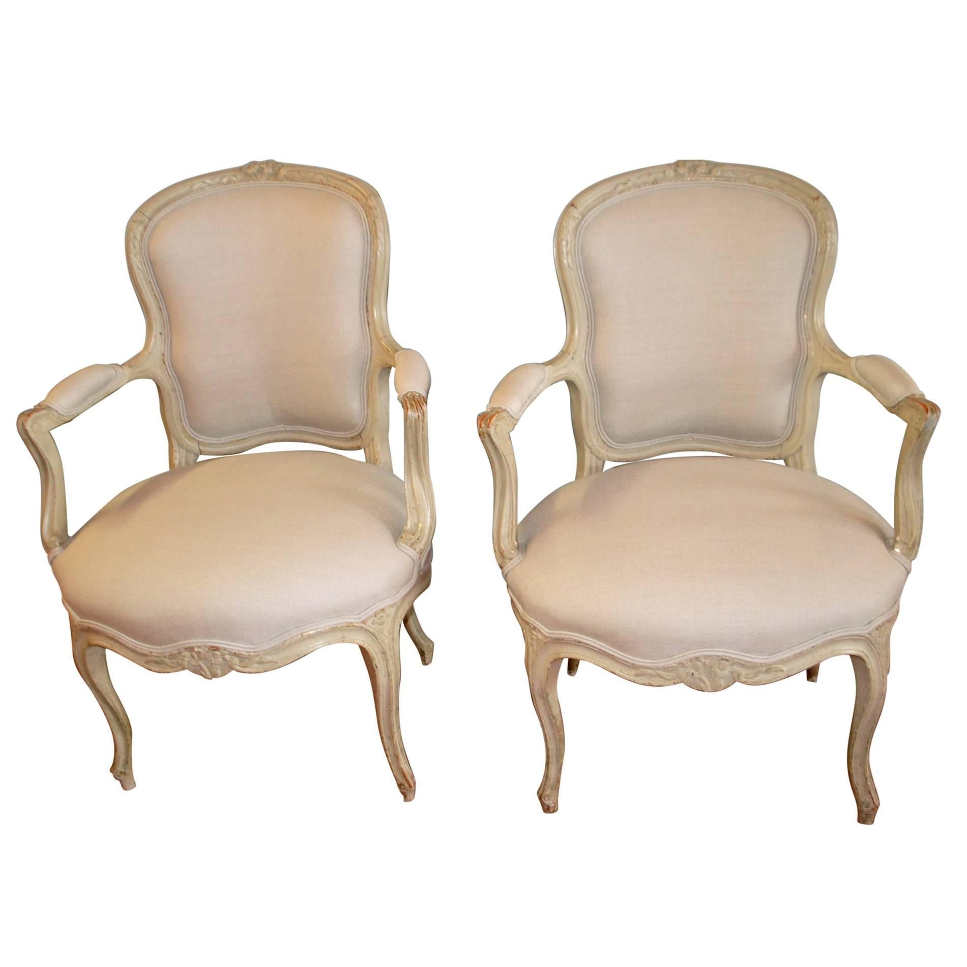 Pair of Louis XV Style Painted Armchairs, original paint finish new linen fabric For Sale