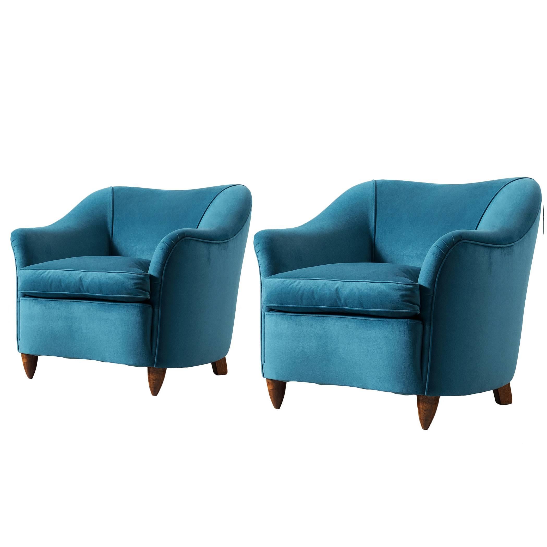 Pair of Petrol Blue Italian Lounge Chairs For Sale at 1stDibs