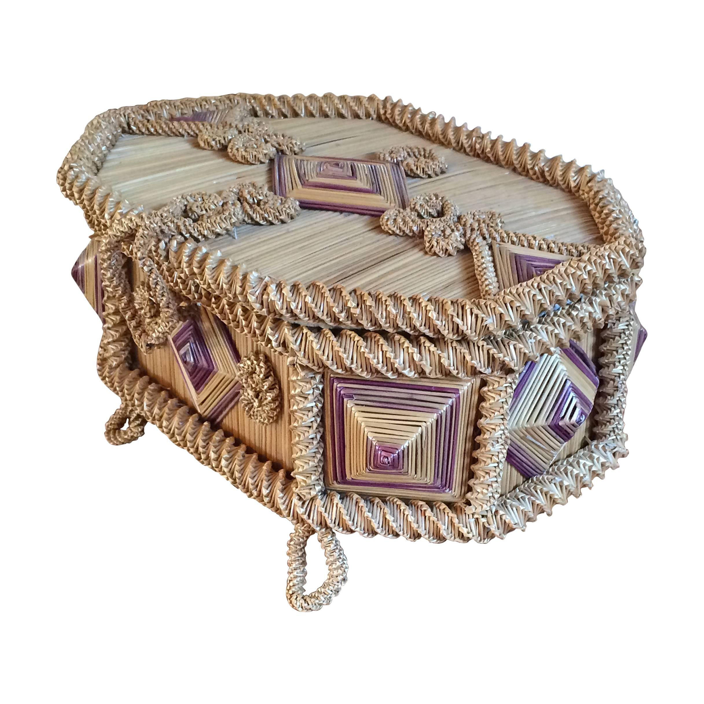 Very unusual octagonal French woven straw; raised applique sewing box; velvet lined interior, 19th century. Excellent condition.