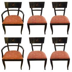 Stately Set of Six Hand-Painted Ebonized Dining Chairs