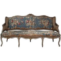 18th Century Louis XV Carved Painted Canape with Original Aubusson Tapestry