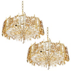 One of Two Golden Brass Crystal Glass Encrusted Chandeliers Palwa, Germany 1960