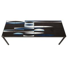 Capron Blue Black  Ceramic Navette Coffee Table, Iron 1950 France Mid Century