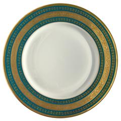 Ten Neoclassical Style Teal Blue and Gold Border Limoges Porcelain Dinner Plates