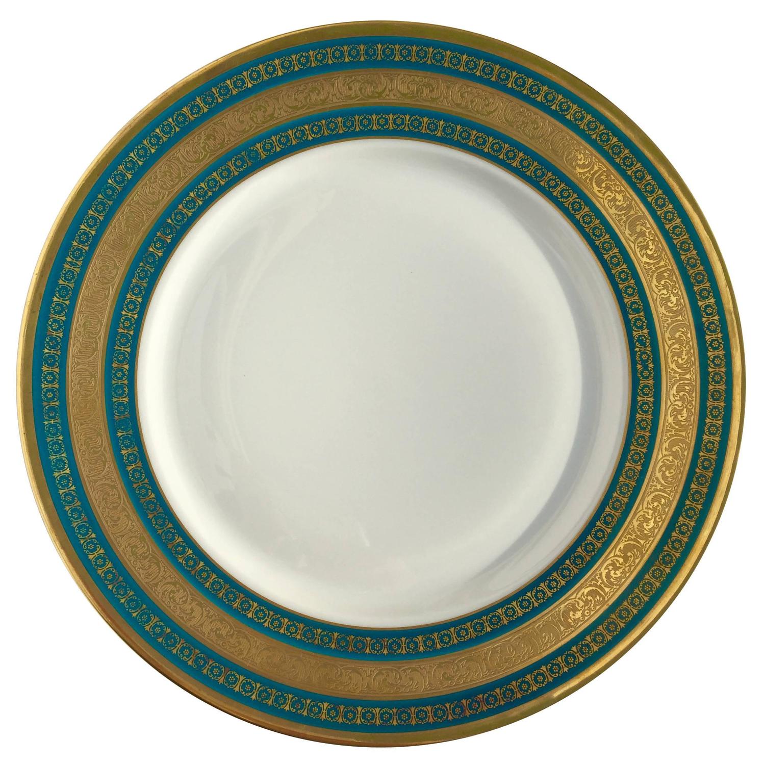 Ten Neoclassical Style Teal Blue and Gold Border Limoges Porcelain