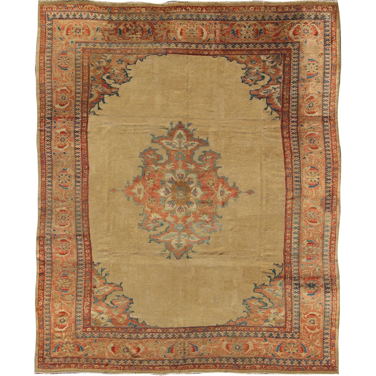 Antique Persian Ziegler Sultanabad Rug in Light Yellow Background with Salmon