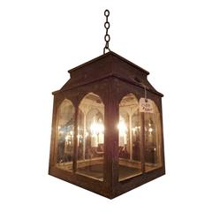 Antique French Painted and Carved Wood Hanging Glass Lantern, Circa 1880