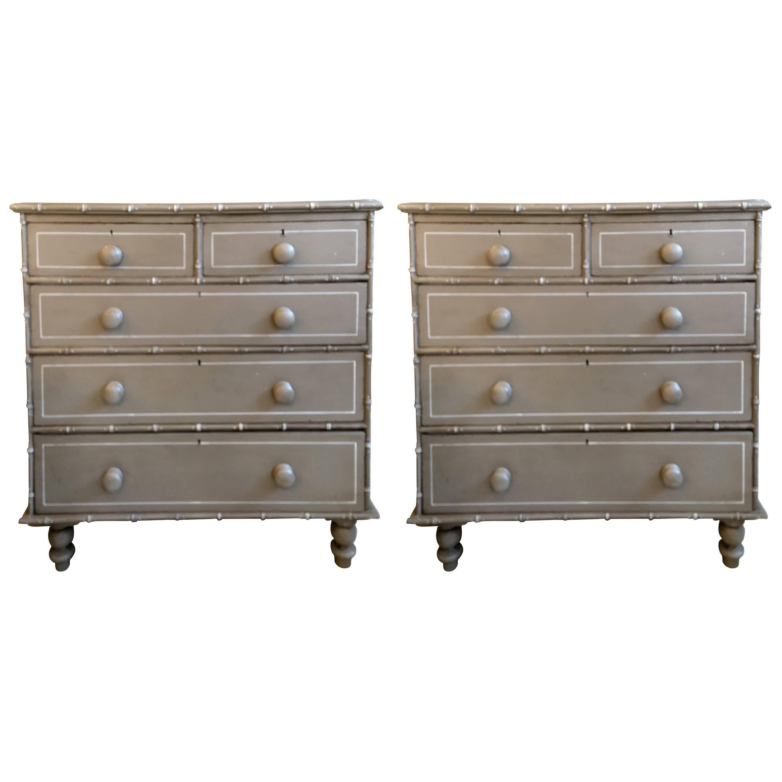 Pair of 19th Century English Country Faux Bamboo Painted Chest of Drawer
