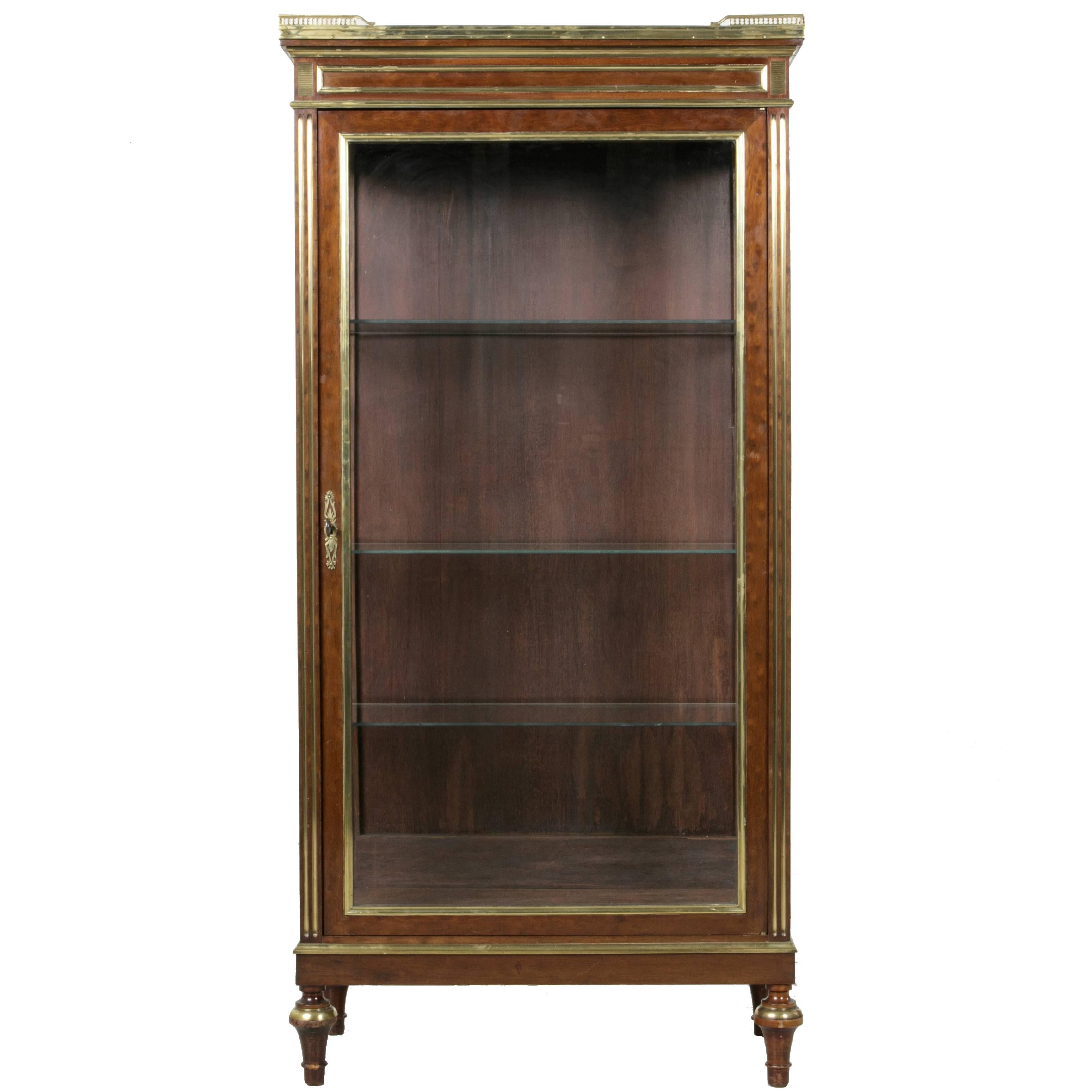 French Louis XVI Mahogany Vitrine Cabinet with Bronze Banding and Marble