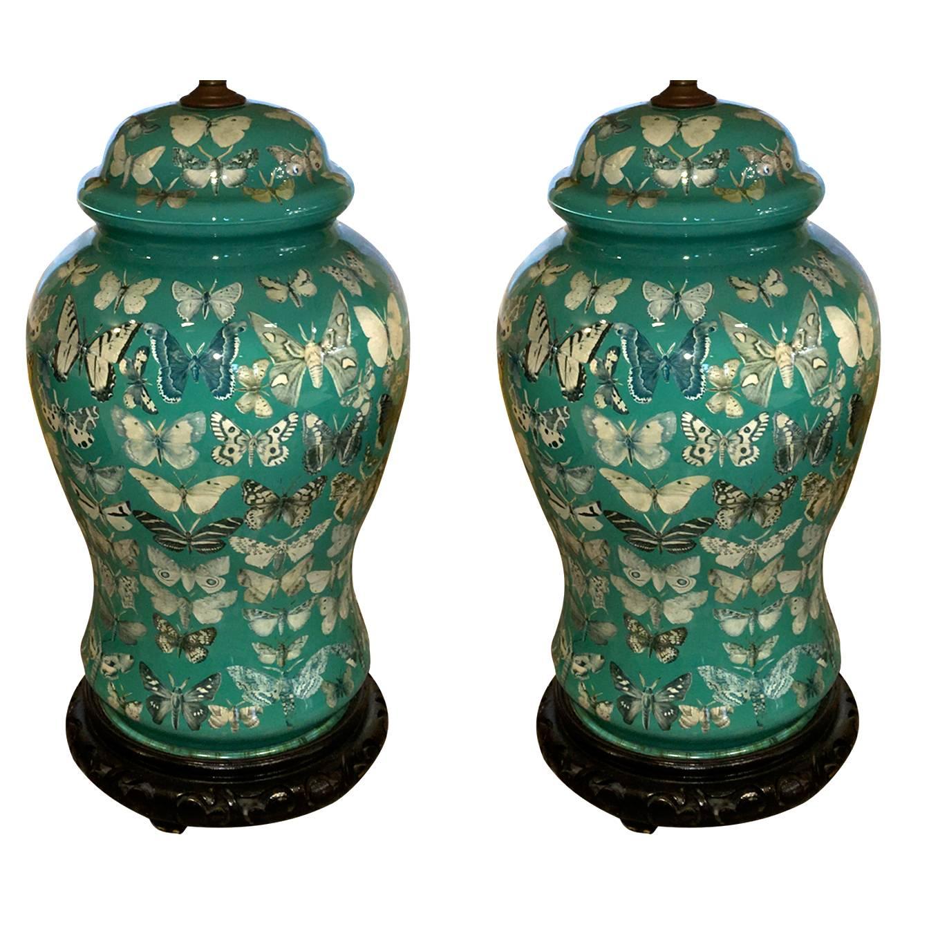 Pair of American Decoupage Butterfly Design Glass Temple Jar Lamps circa 1950