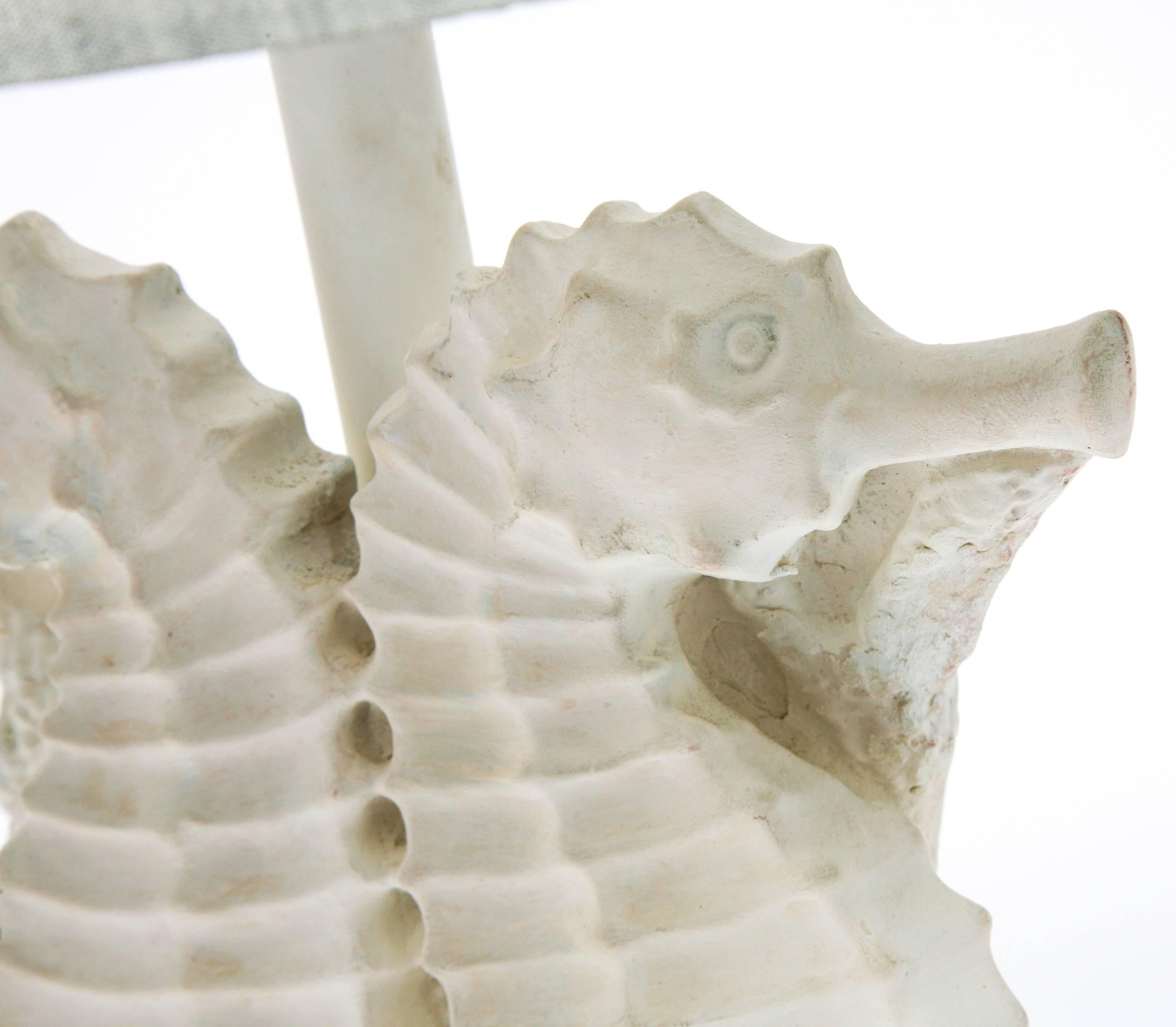 Molded Pair of Hollywood Regency Style, Sea Horse Motif Table Lamps in White Plaster