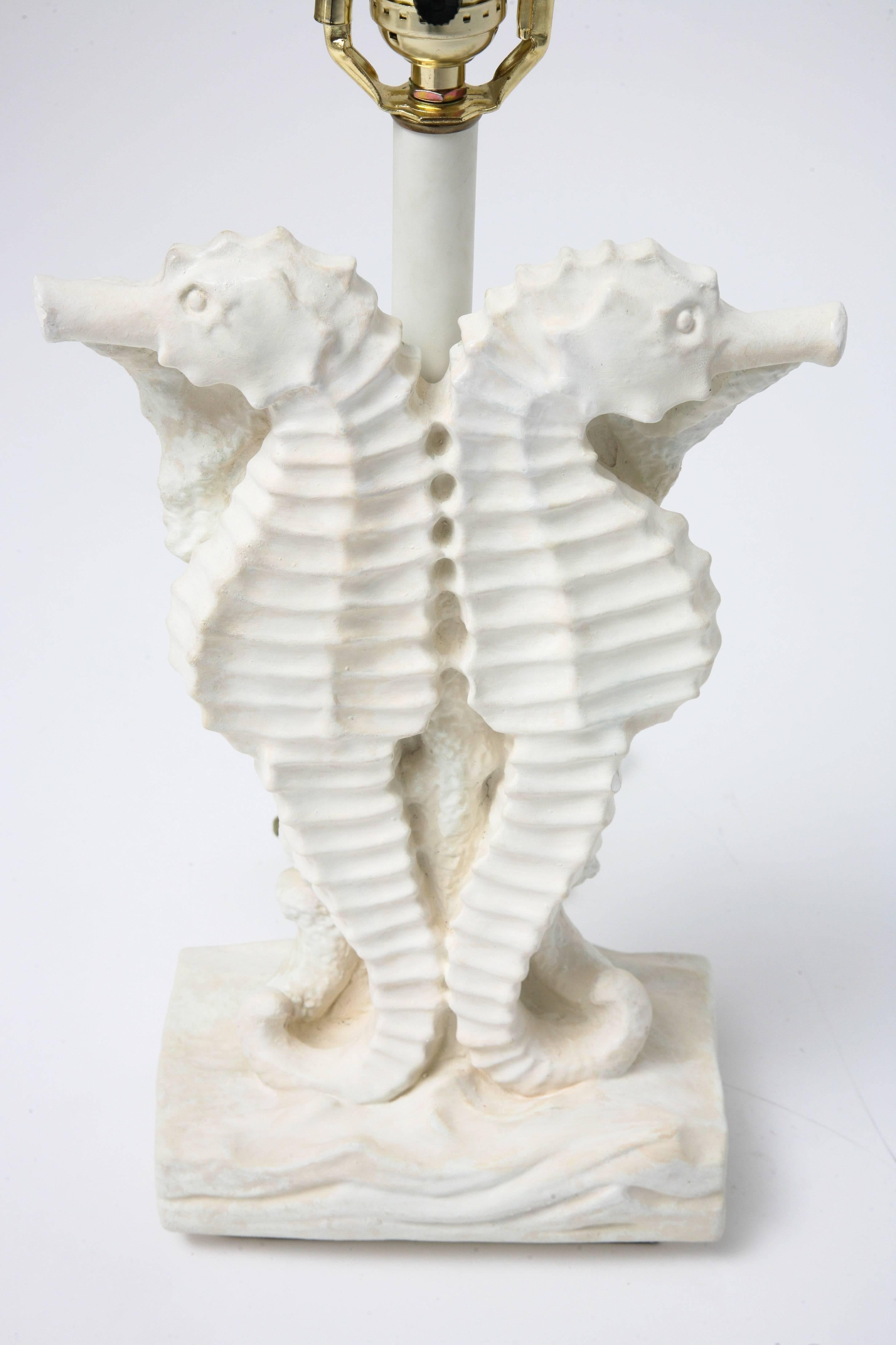 20th Century Pair of Hollywood Regency Style, Sea Horse Motif Table Lamps in White Plaster