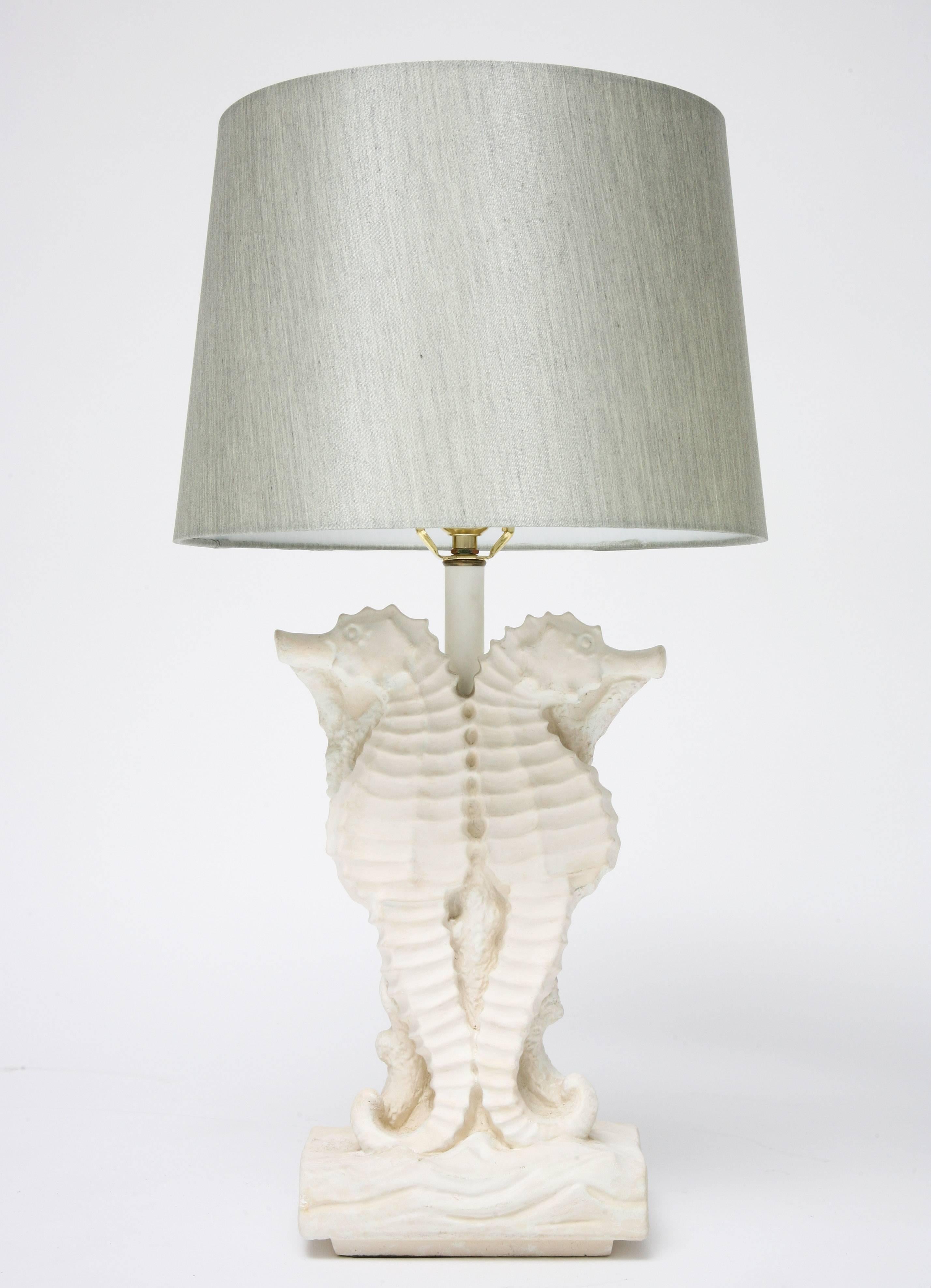 Pair of Hollywood Regency Style, Sea Horse Motif Table Lamps in White Plaster 2