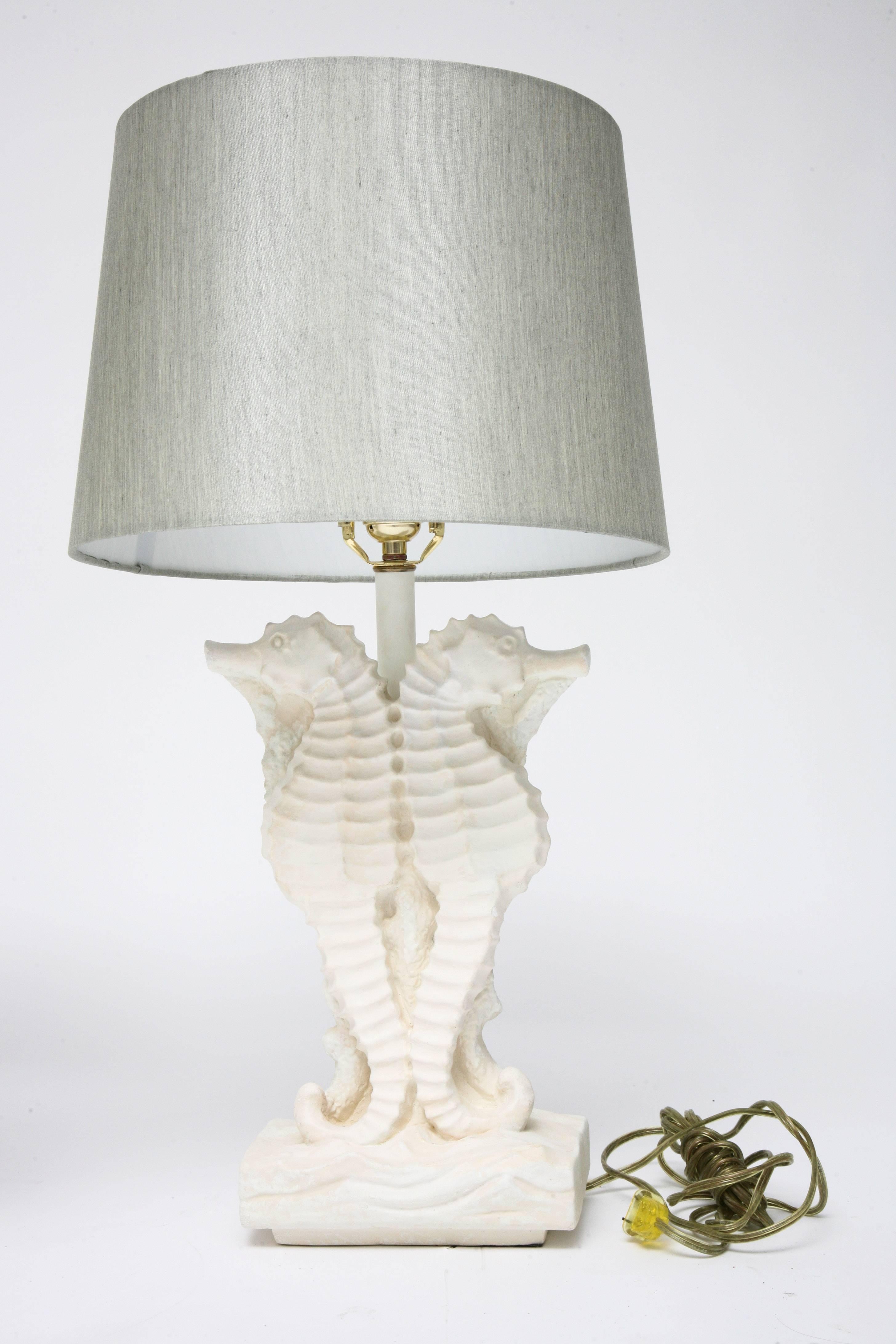 Pair of Hollywood Regency Style, Sea Horse Motif Table Lamps in White Plaster 4