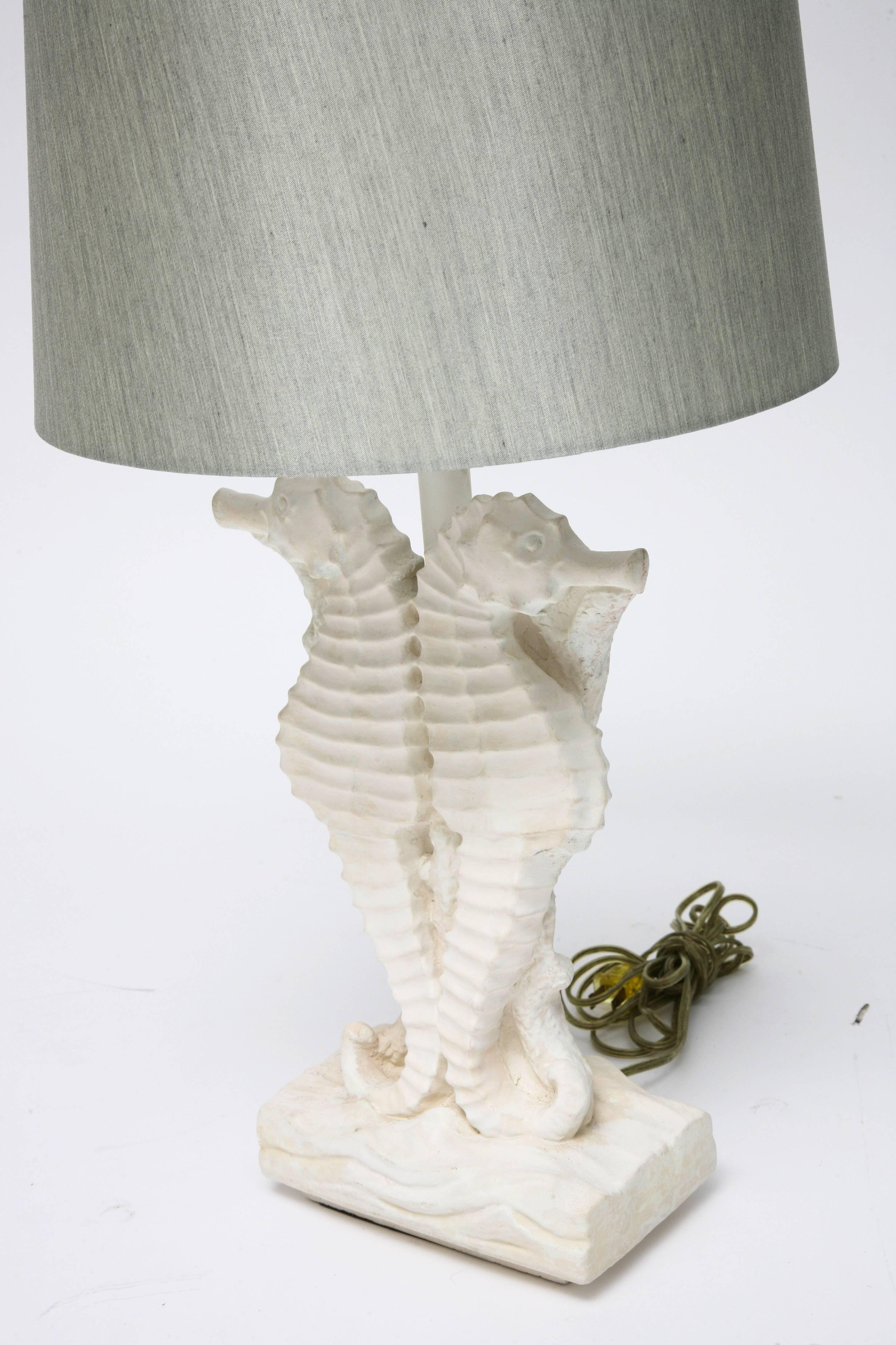 Pair of Hollywood Regency Style, Sea Horse Motif Table Lamps in White Plaster 3