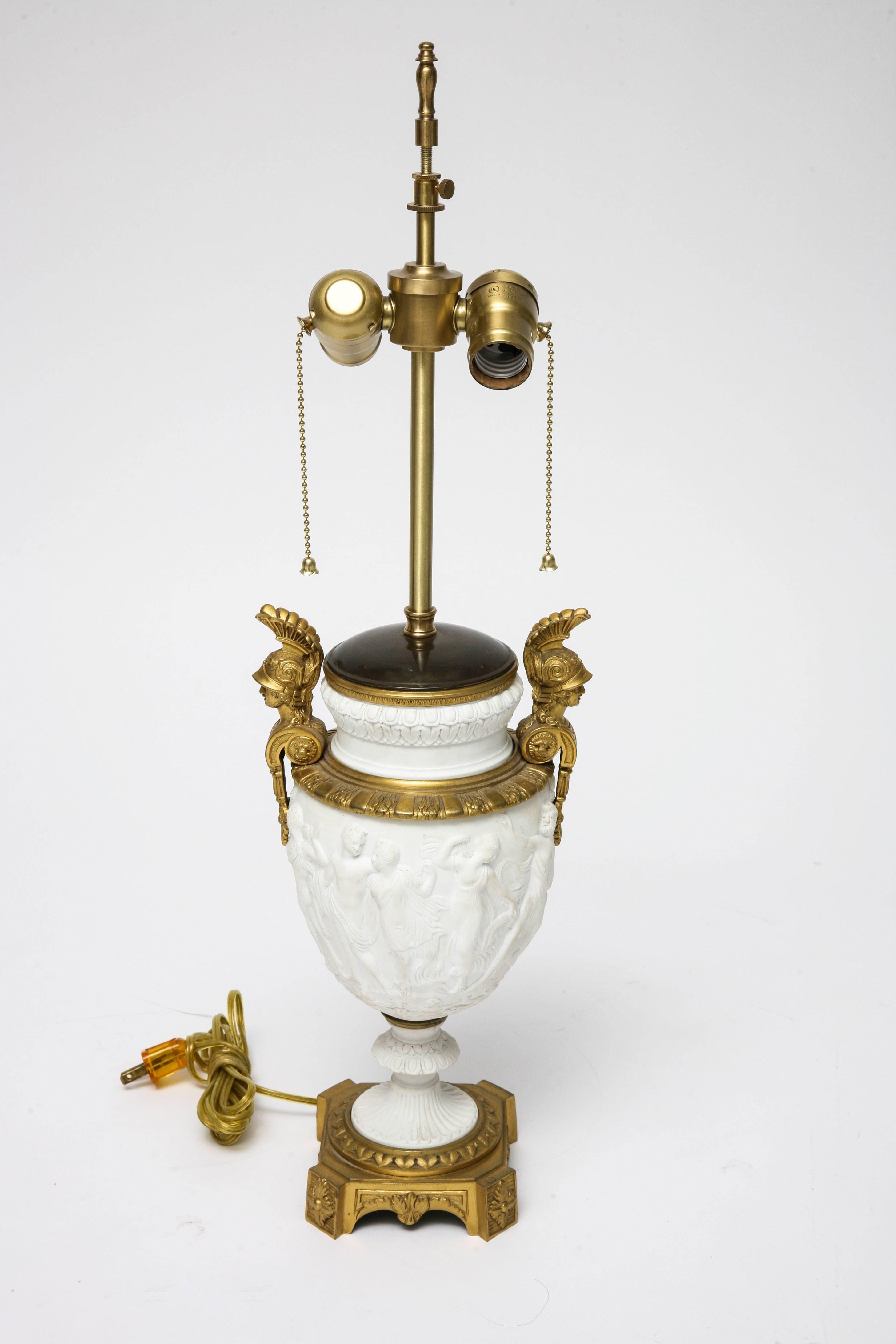 French Neoclassical Style Table Lamp, 19th Century Bisque Vase with Bronze Doré Mounts For Sale