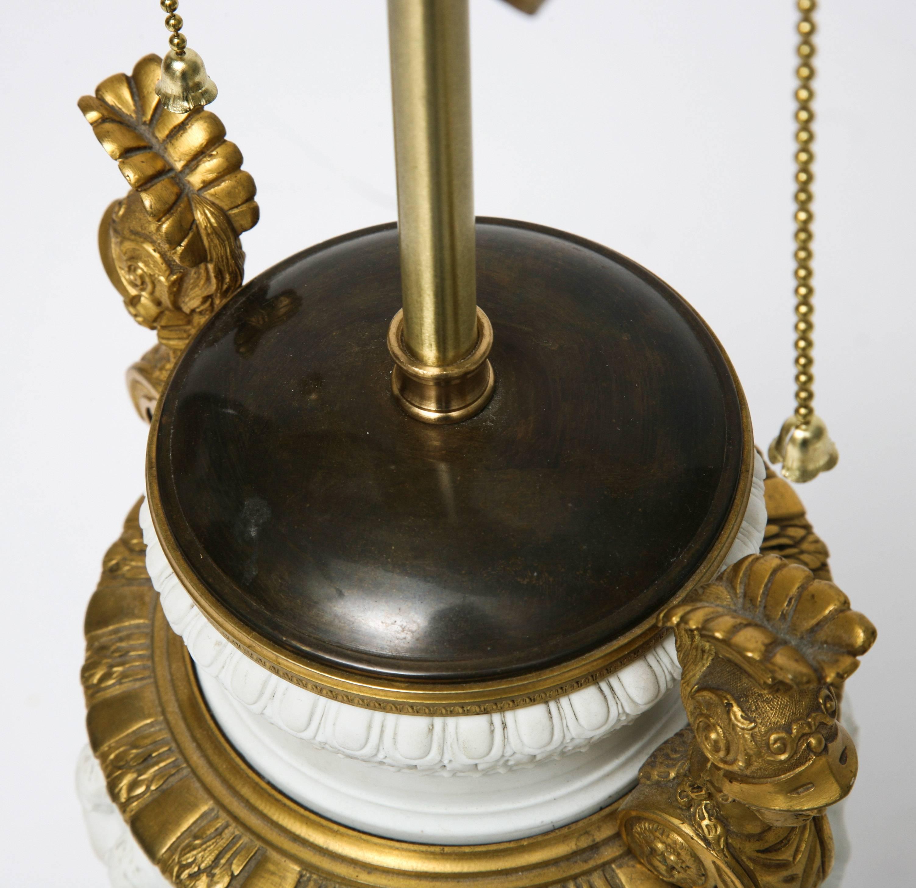 Cast Neoclassical Style Table Lamp, 19th Century Bisque Vase with Bronze Doré Mounts For Sale