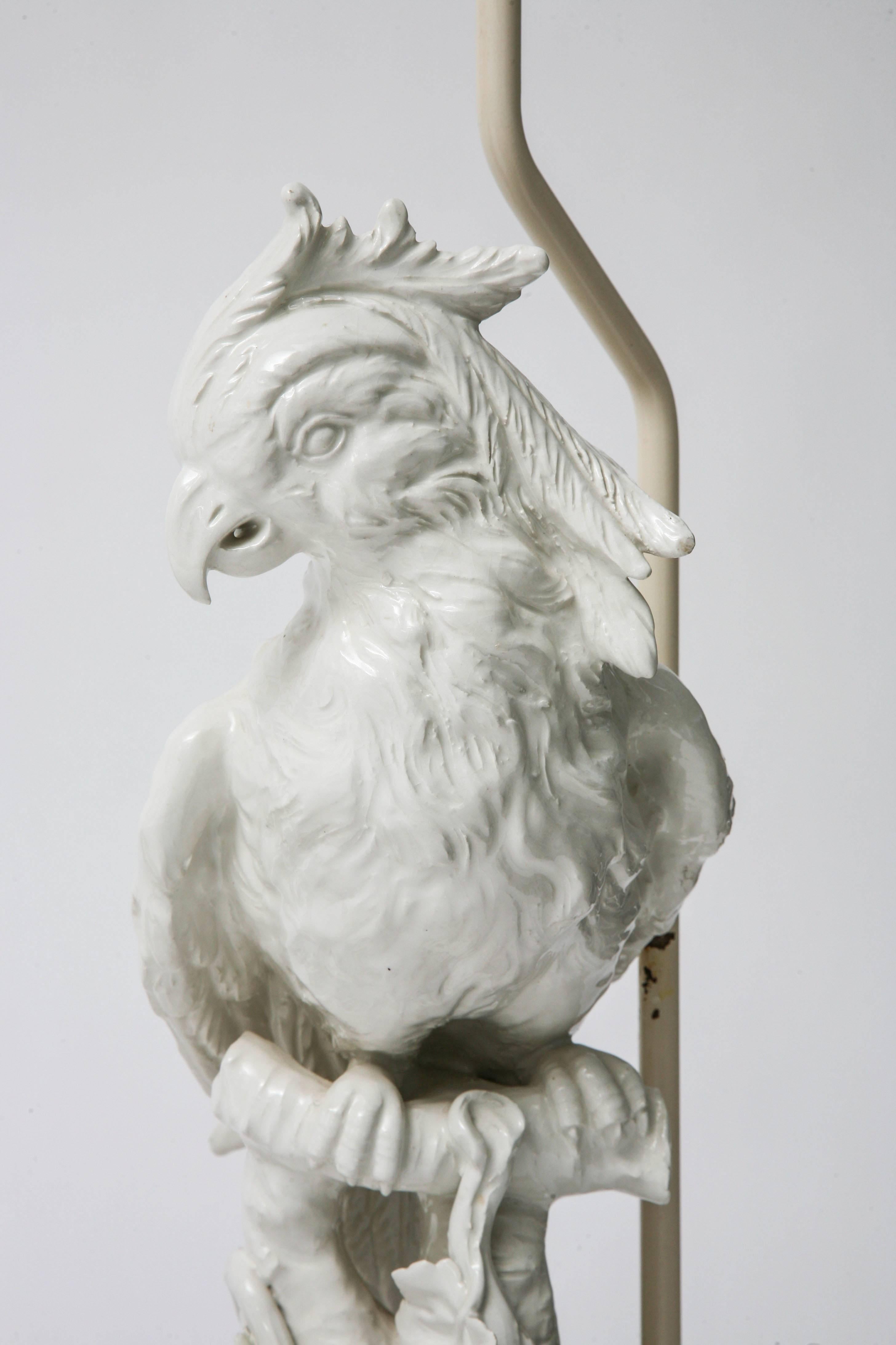 Glazed Pair of Large-Scale Hollywood-Regency, Blanc de Chine, Figural-Parrot Lamps