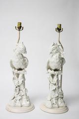 Pair of Large-Scale Hollywood-Regency, Blanc de Chine, Figural-Parrot Lamps