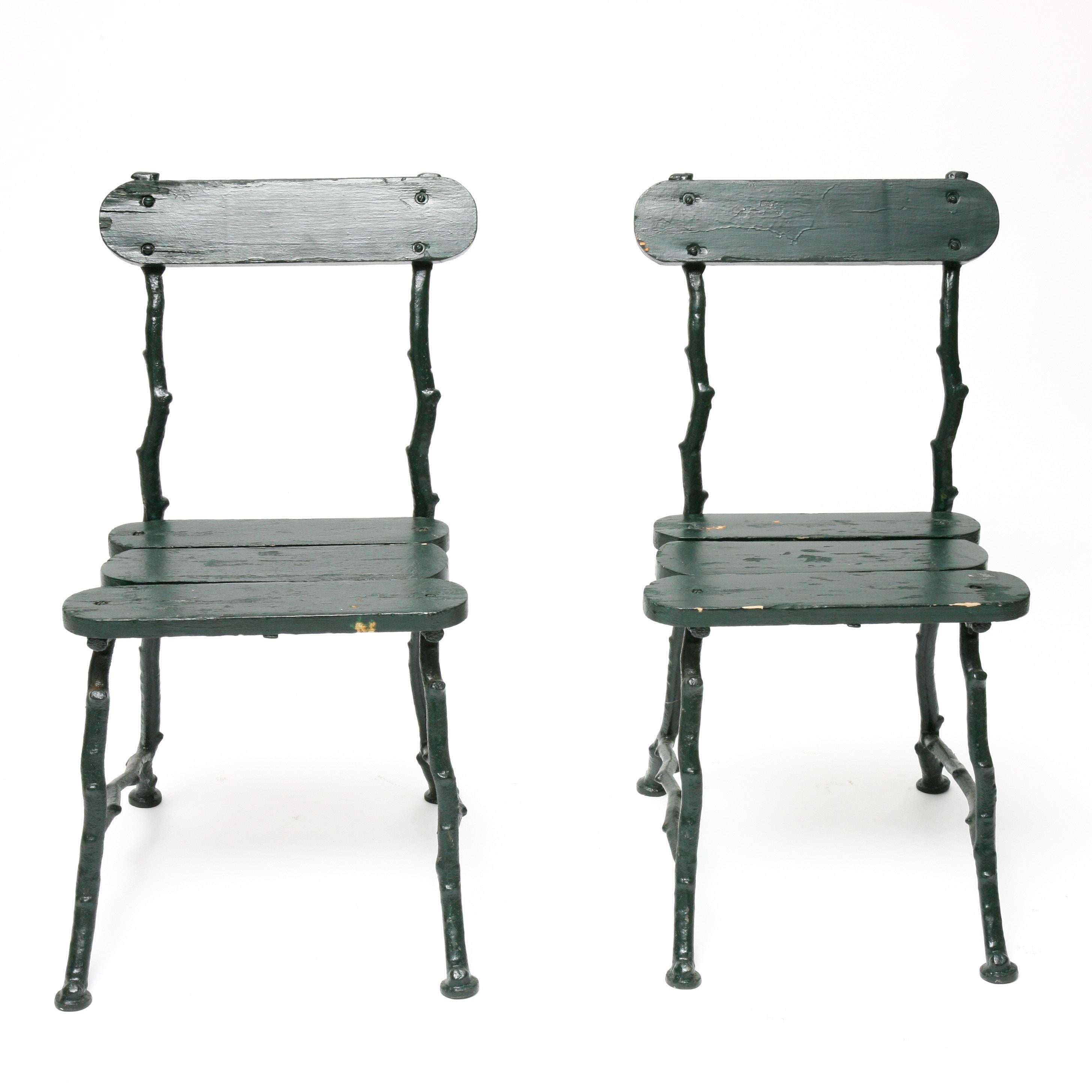 Cast Pair of 1920s, English, Dark Green Faux Bois Garden Side Chairs