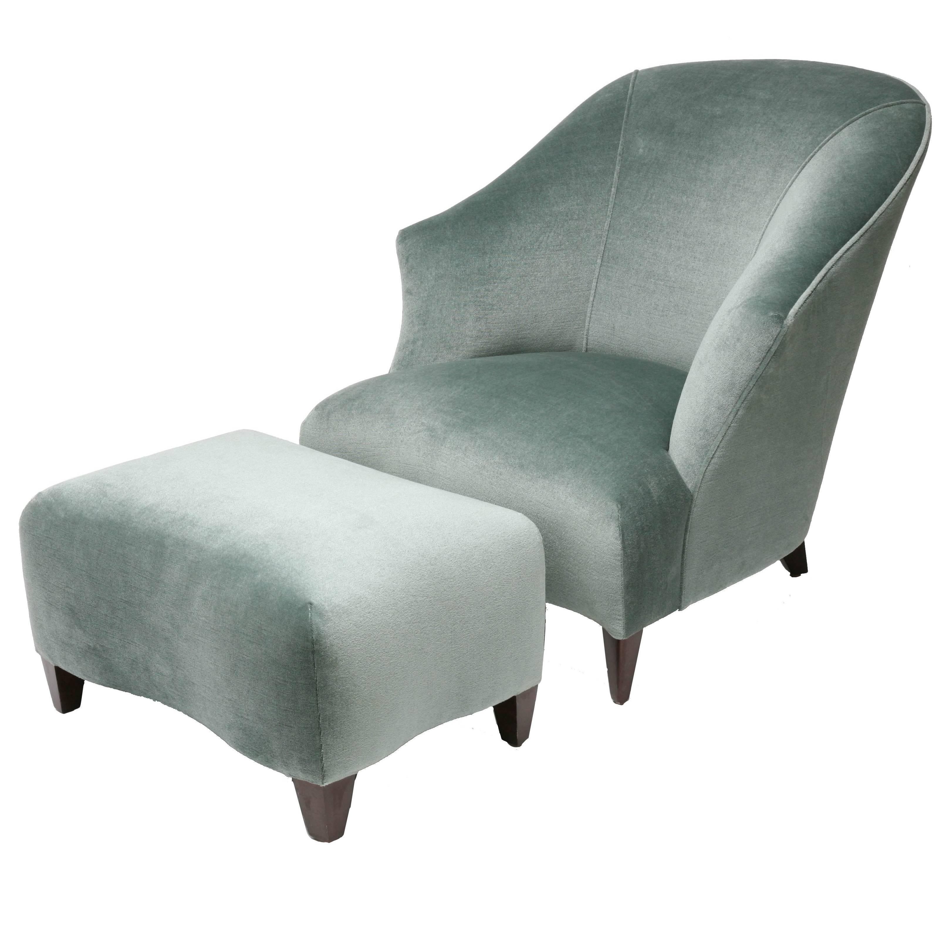 Art Deco Style Donghia "Shell" Chair & Ottoman in a Green Fabric