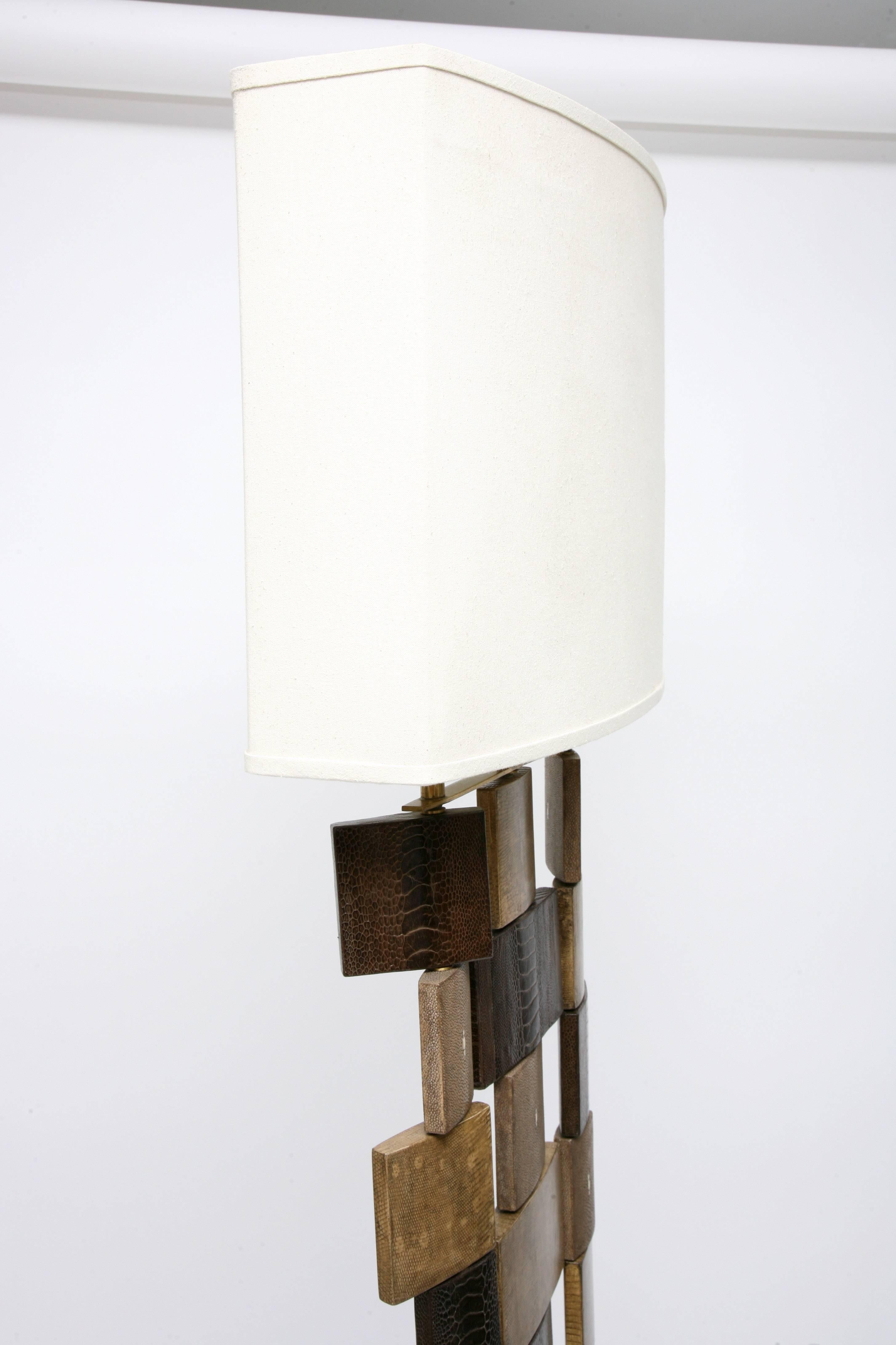 R & Y Augousti Floor Lamp, Shagreen, Alligator, Lizard and Mahogany Wood In Good Condition For Sale In West Palm Beach, FL