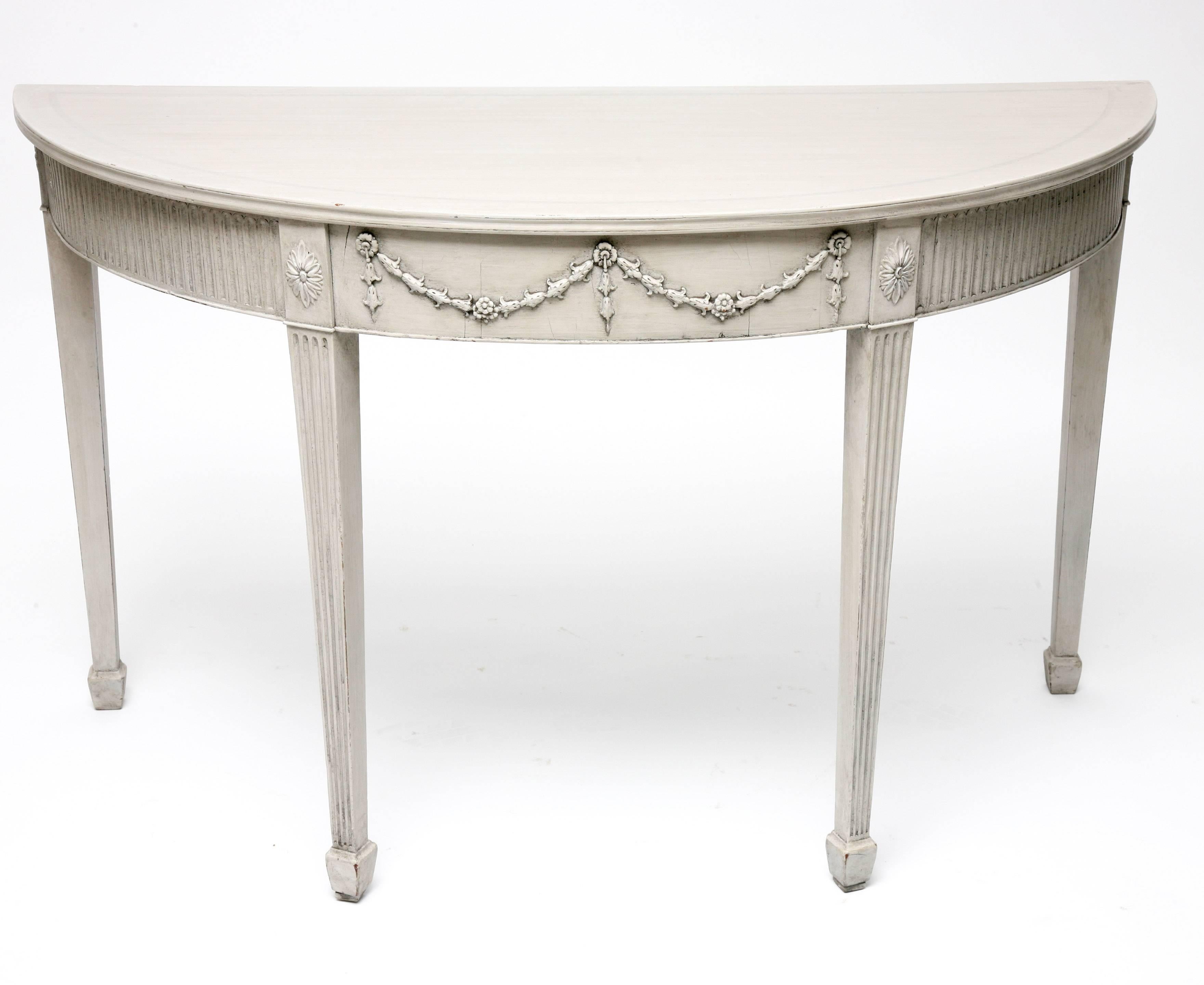 Pair of Grey Painted French-Regency Style, Demilune Consoles, circa 1900 In Good Condition In West Palm Beach, FL
