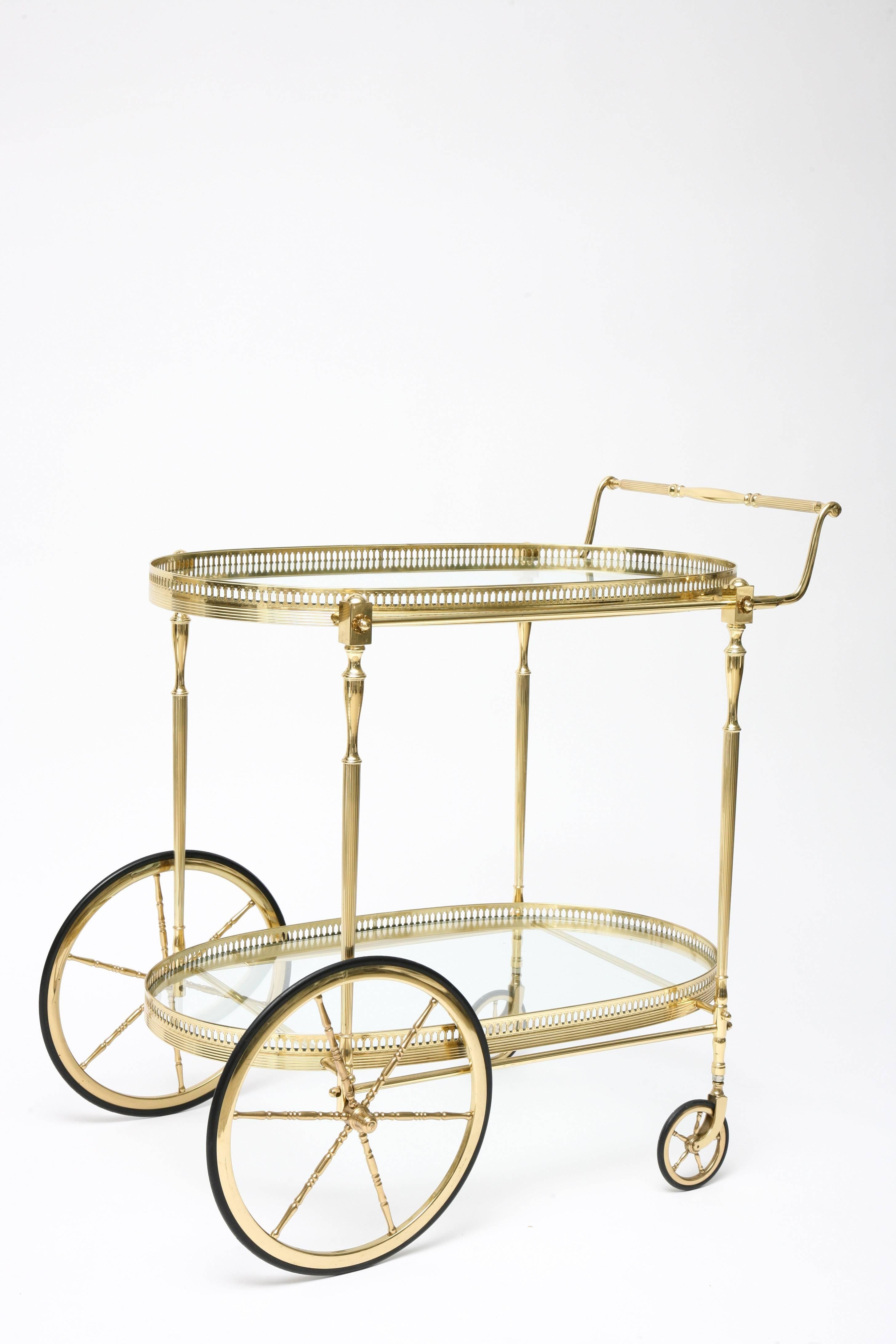 Hollywood Regency Hollywood-Regency, Maison Jansen Style, Polished Brass and Glass Bar Cart