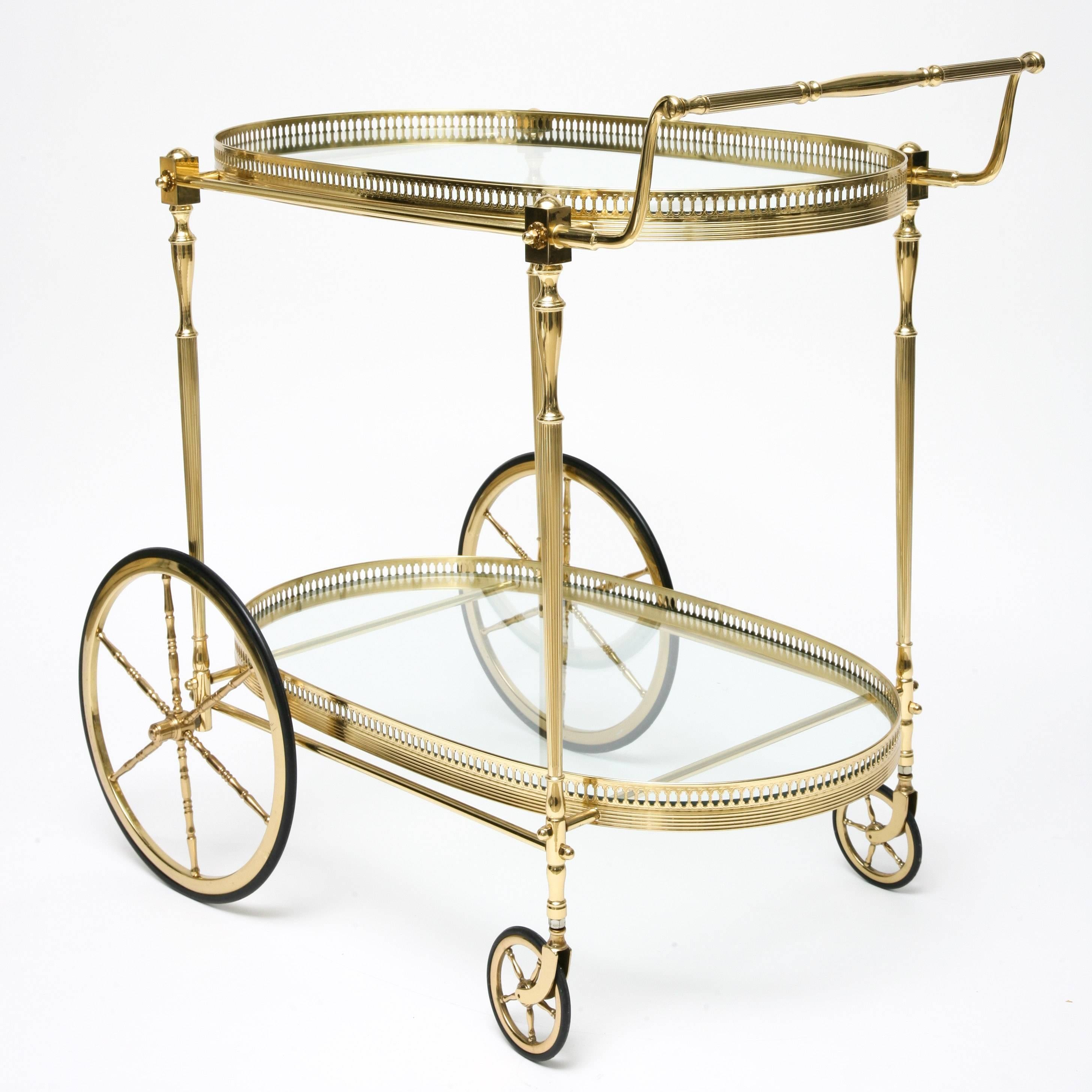 Hollywood-Regency, Maison Jansen Style, Polished Brass and Glass Bar Cart In Excellent Condition In West Palm Beach, FL