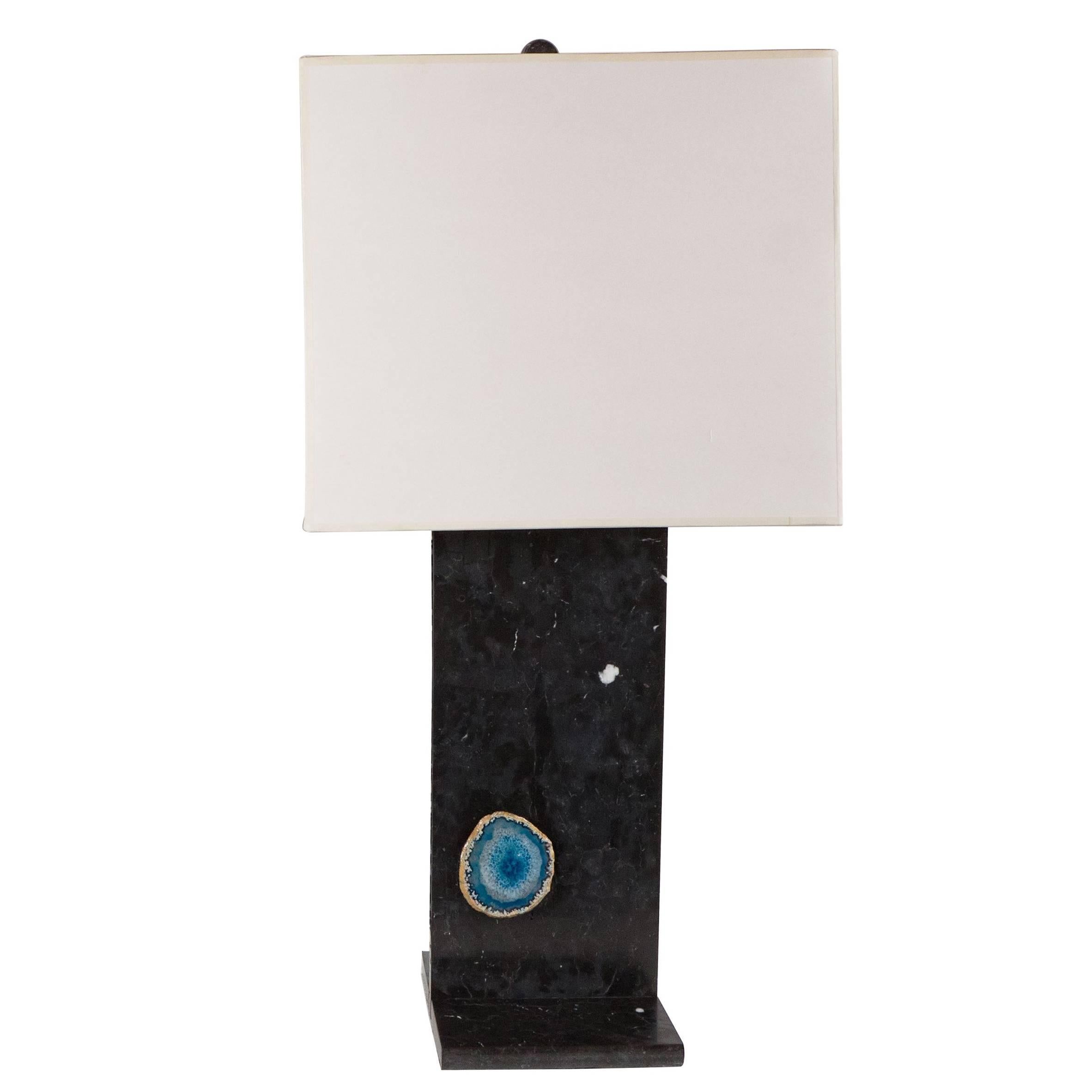 Luxe Exotic Black Marble Table Lamp with Various Imbedded Geode
