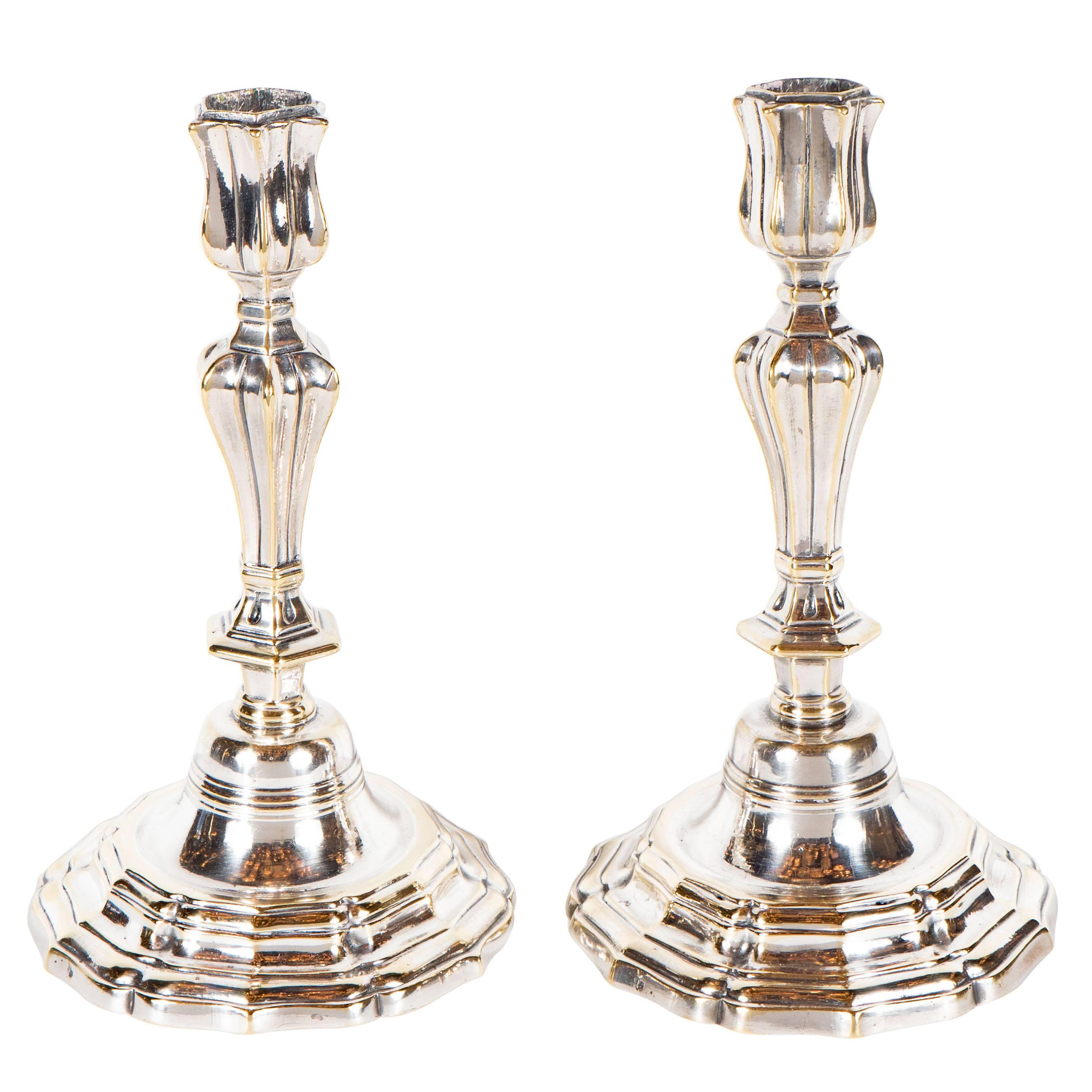 Elegant Pair of French Silvered Bronze George III Candlesticks