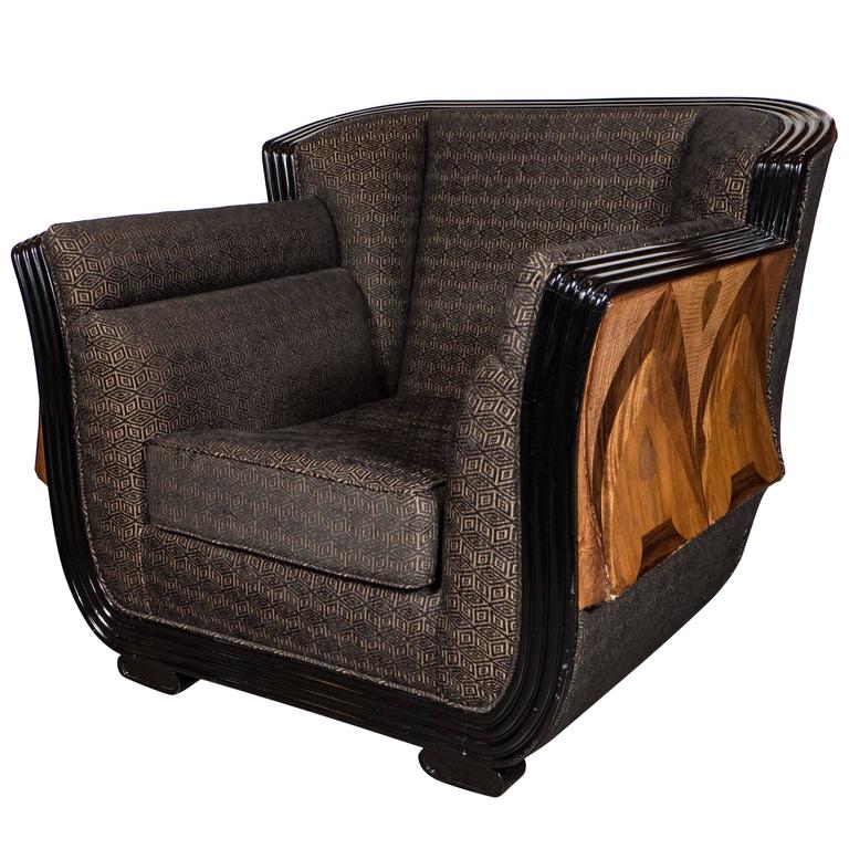 Art Deco Club Chair w/ Exotic Elm, Burled Walnut, Mahogany and Black