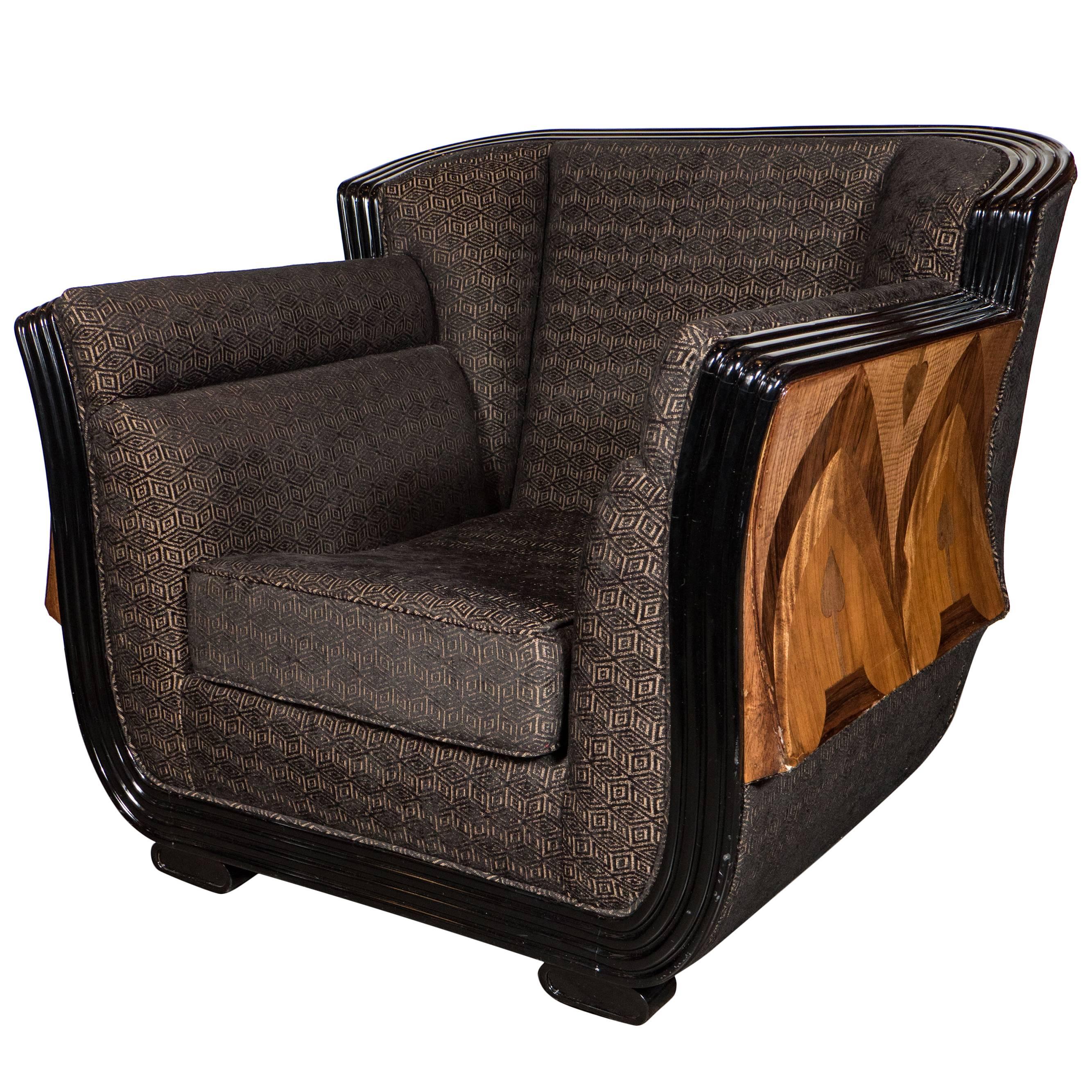 Art Deco Club Chair w/ Exotic Elm, Burled Walnut, Mahogany & Black Lacquer