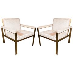 Pair of Midcentury Milo Baughman Brass Armchairs in Oyster Gaufrage Velvet