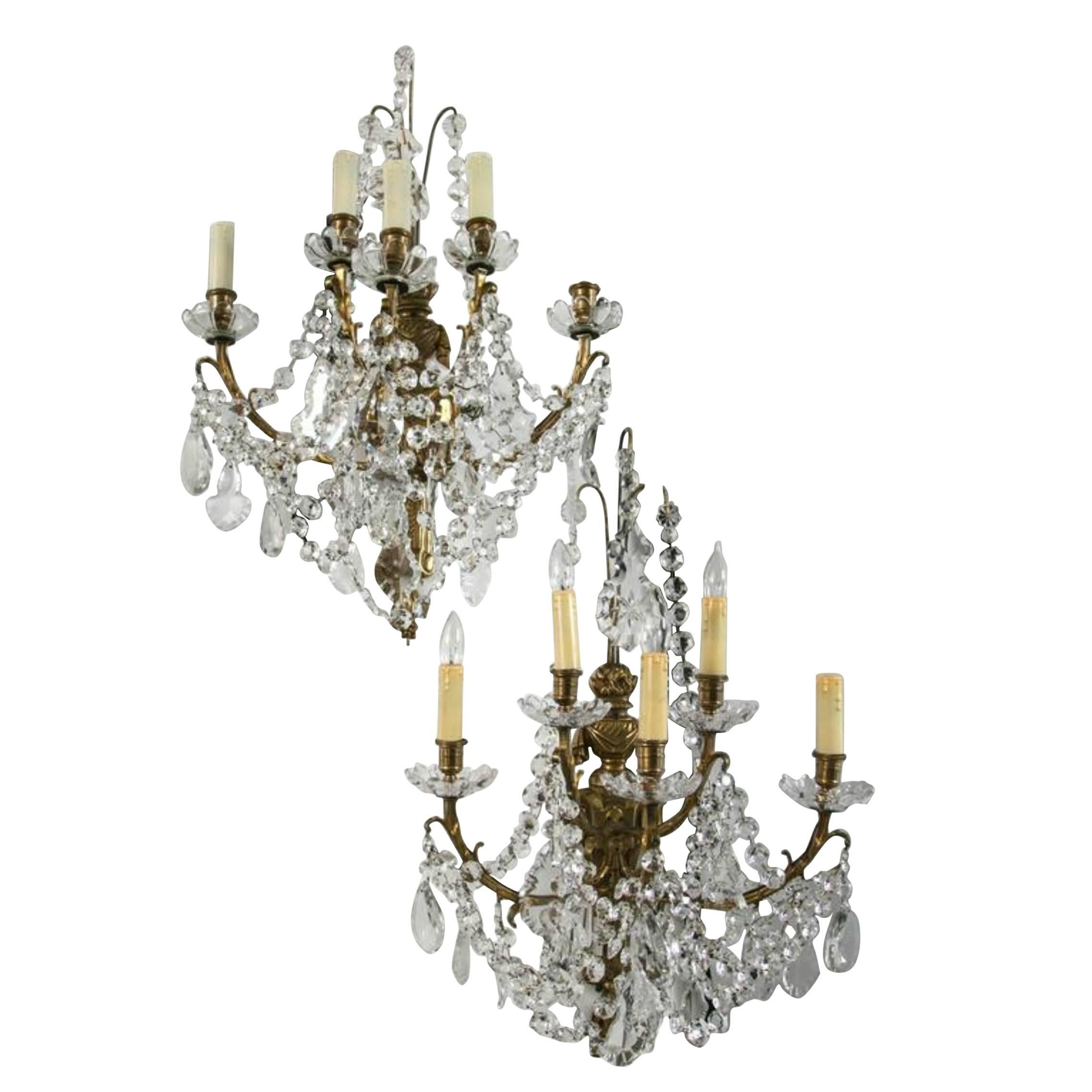 Pair of Antique Cast Bronze and Crystal Prism Wall Sconces