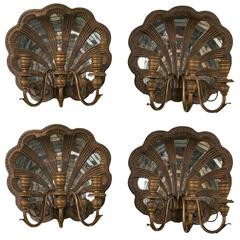 Set of Four Fine And Rare Wooden Shell and Mirror Wall Sconces Three Arms Each